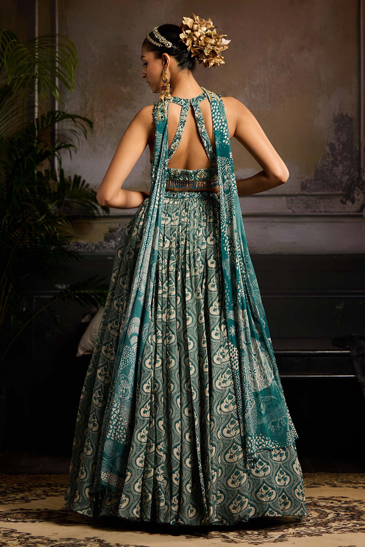 Teal Print and Highlighted  Lehenga Set