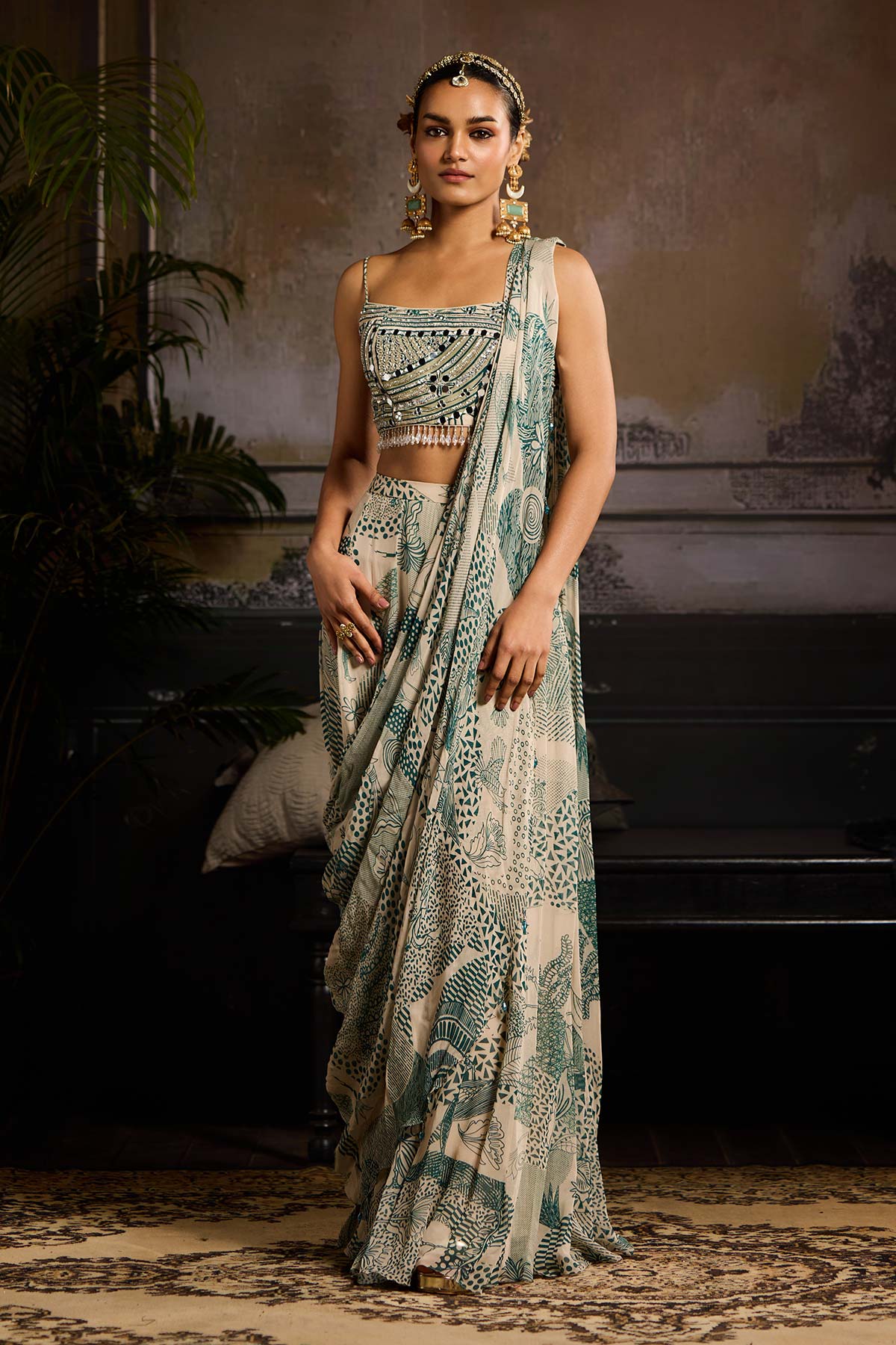 Beige & Teal Print and Highlighted Skirt Saree Set