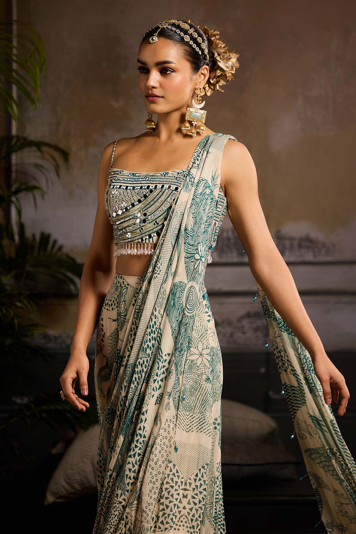 Beige & Teal Print and Highlighted Skirt Saree Set