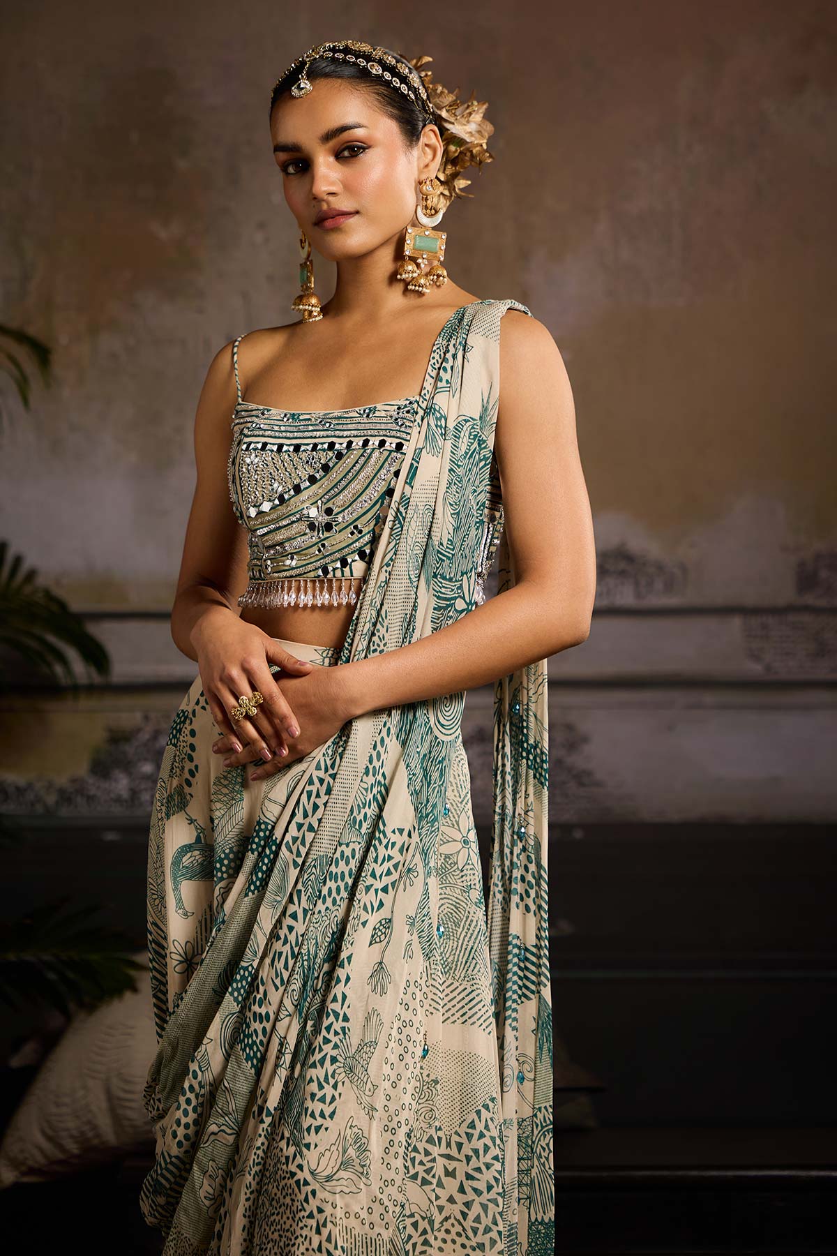 Beige & Teal Print and Highlighted Skirt Saree Set