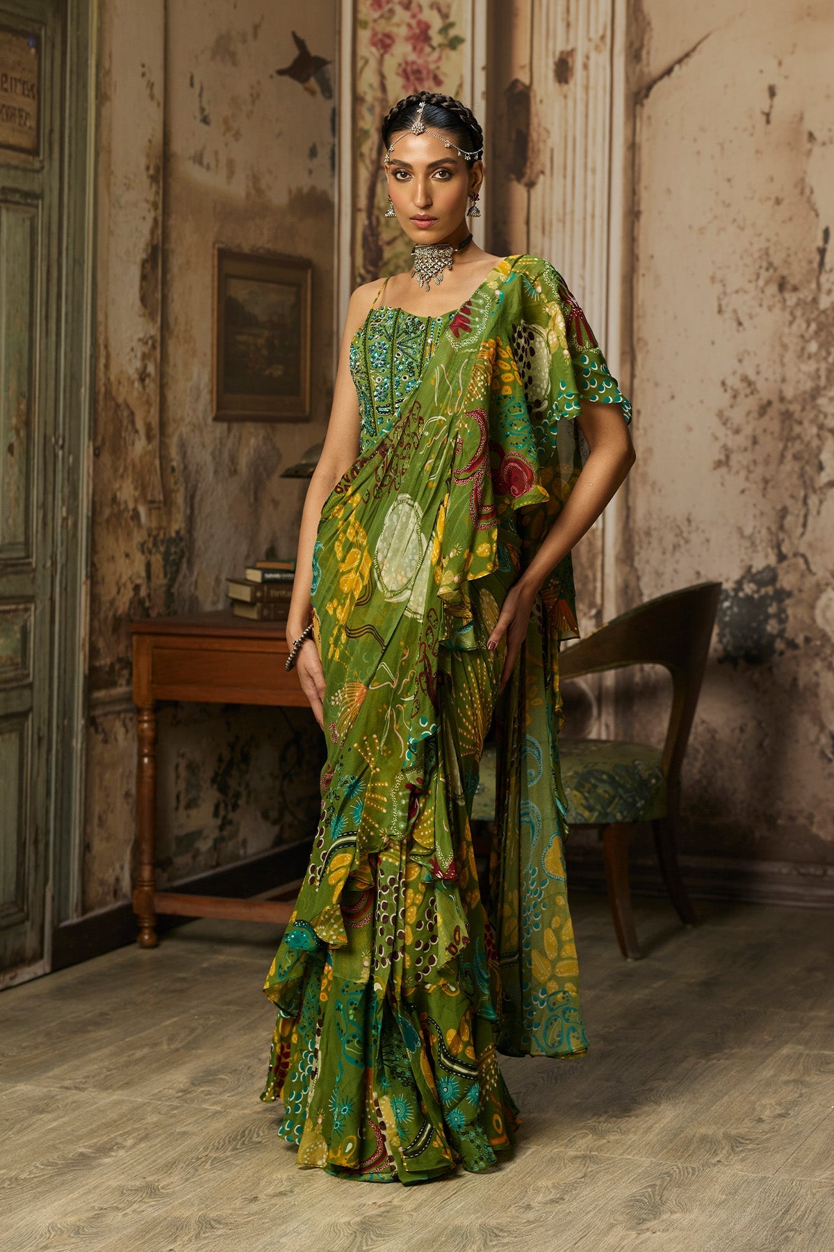 Pear Green Printed And Highlighted Ruffle Skirt Saree Set