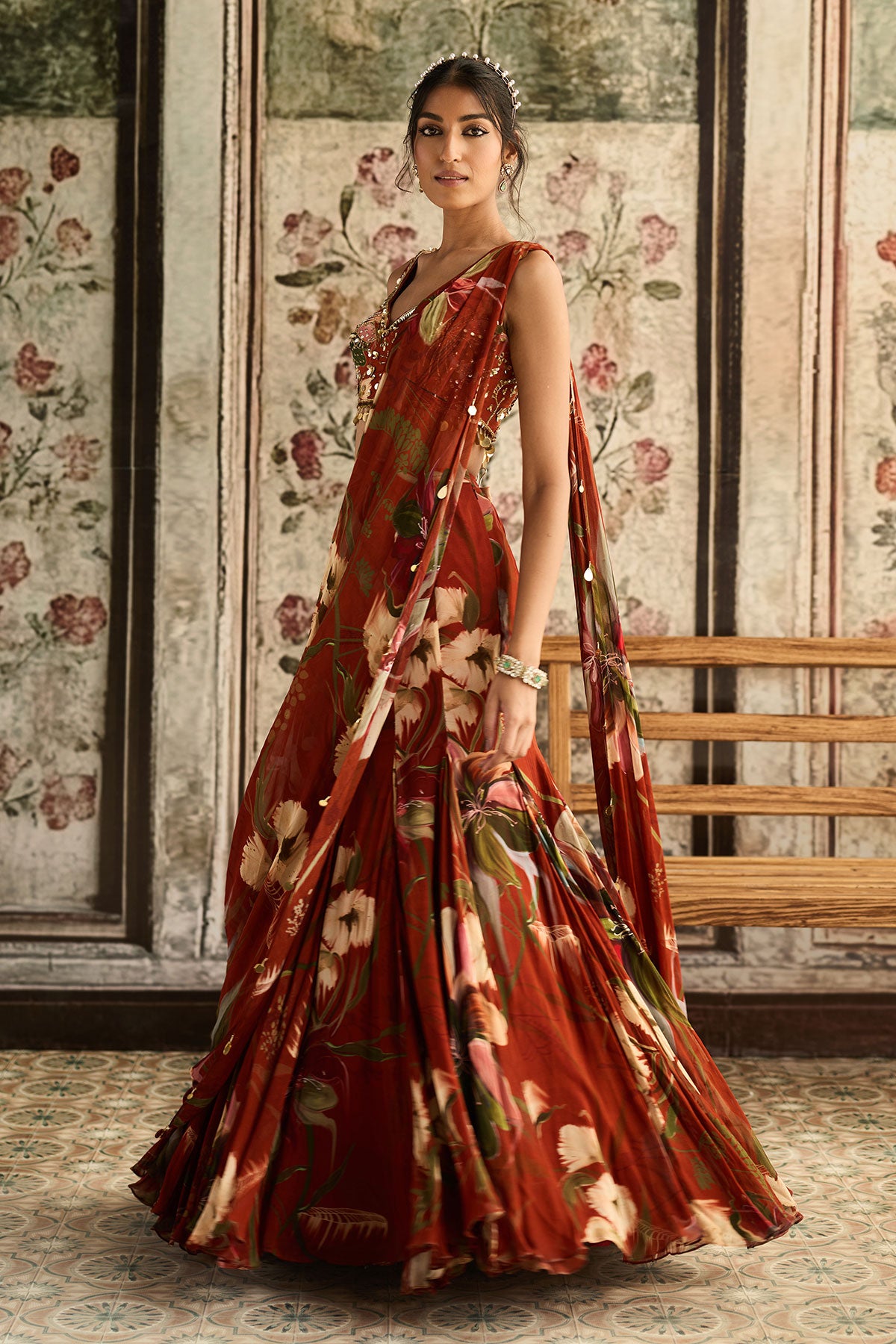 Rust Floral Print And Highlighted  Mermaid Saree  Set