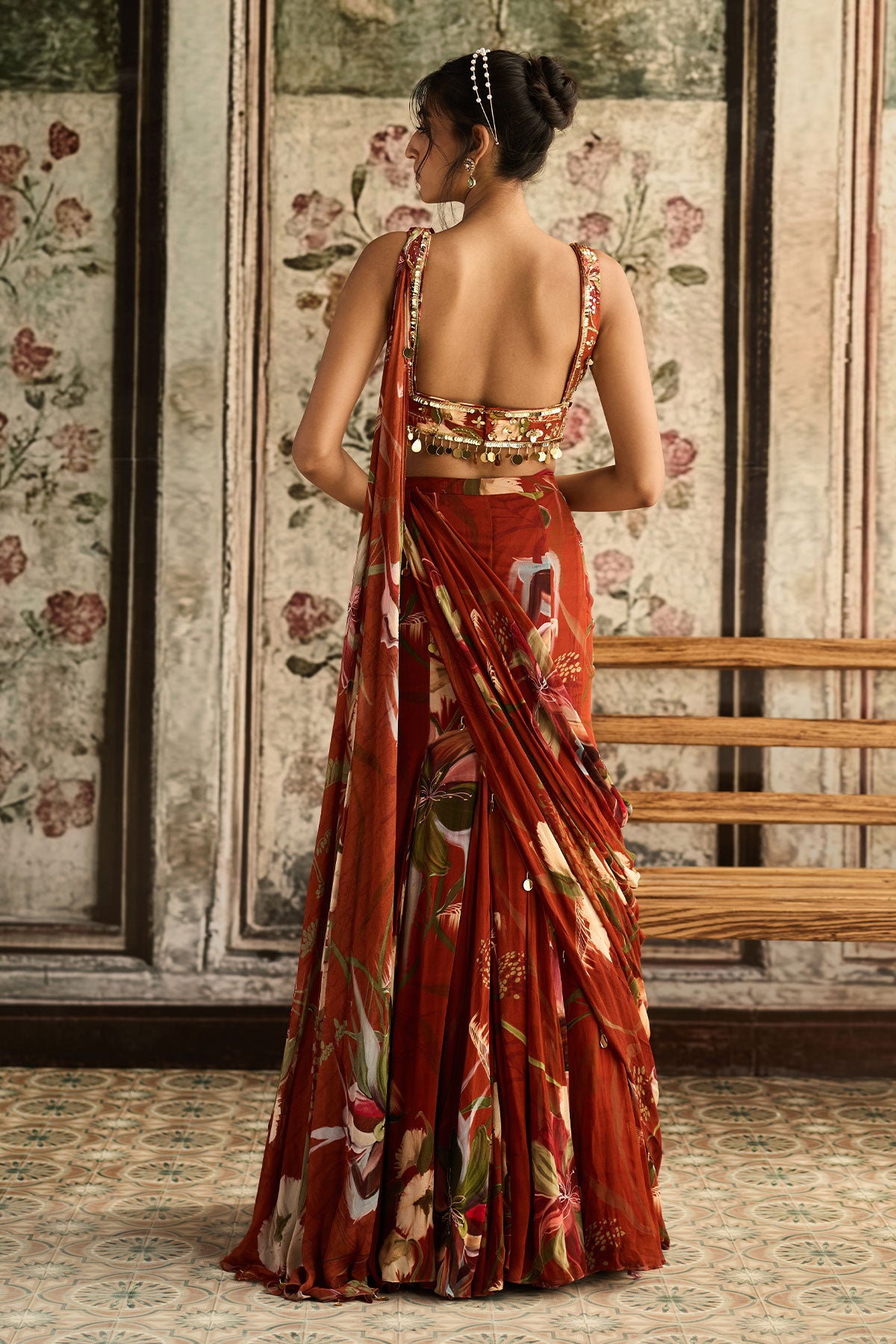 Rust Floral Print And Highlighted  Mermaid Saree  Set