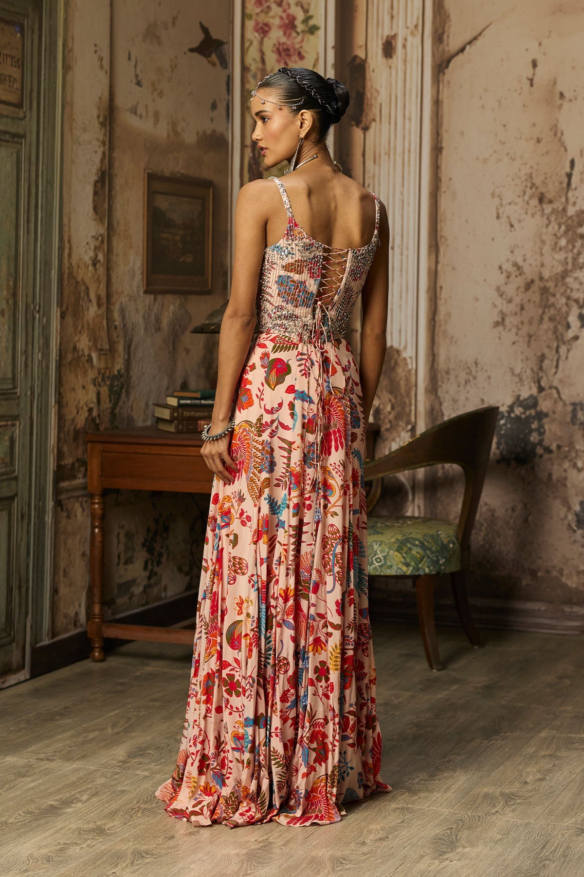 Blush Pink Printed And Highlighted Corset Gown