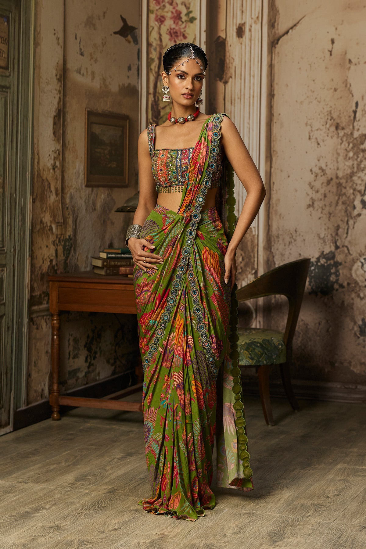 Pear Green Printed And Highlighted Dhoti Skirt Saree Set
