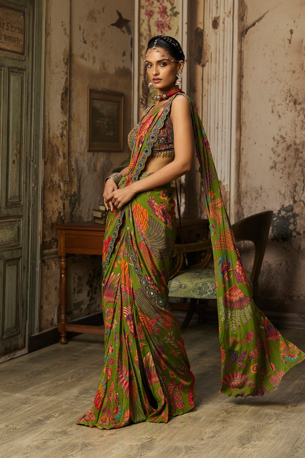 Pear Green Printed And Highlighted Dhoti Skirt Saree Set