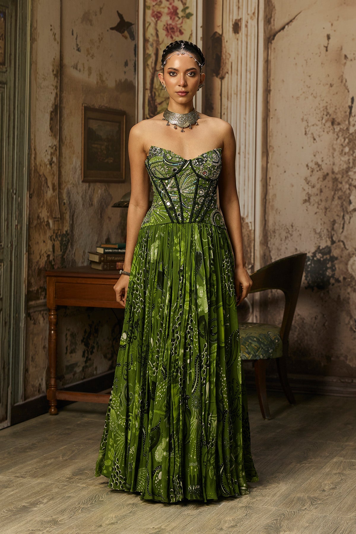 Pear Green Print And Highlighted Corset Gown