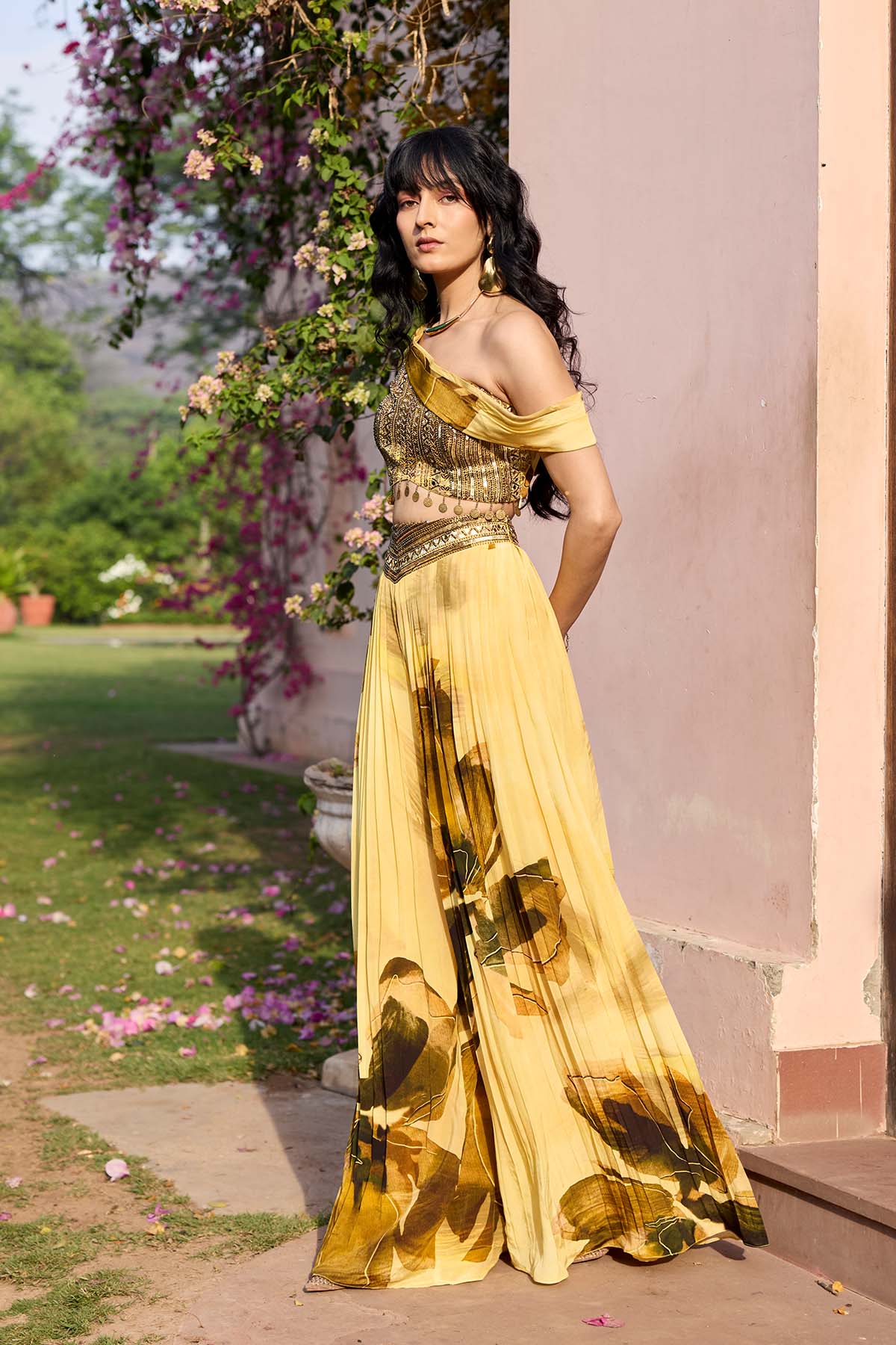 BUTTER YELLOW FLORAL ONE SHOULDER CO-RD SET