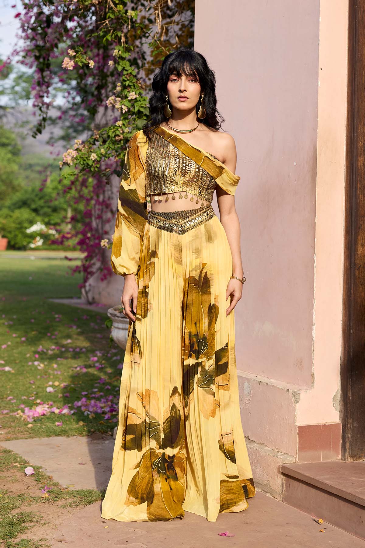 BUTTER YELLOW FLORAL ONE SHOULDER CO-RD SET