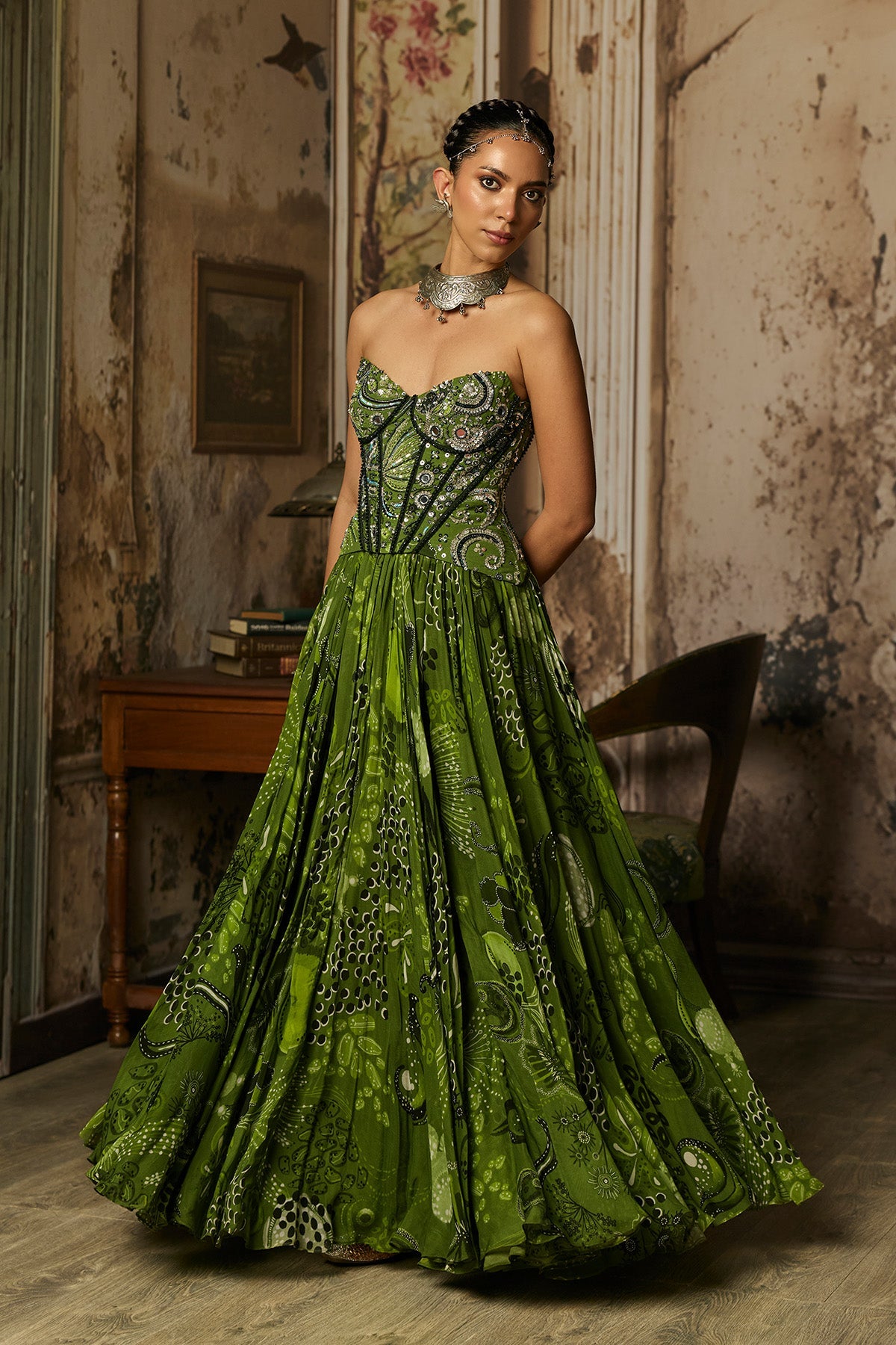 Pear Green Print And Highlighted Corset Gown