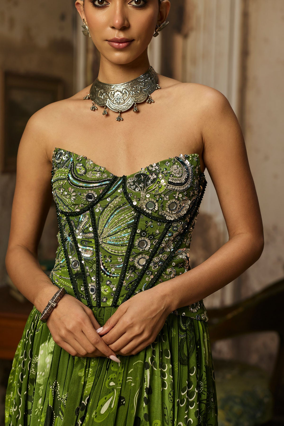 Pear Green Print And Highlighted Corset Gown