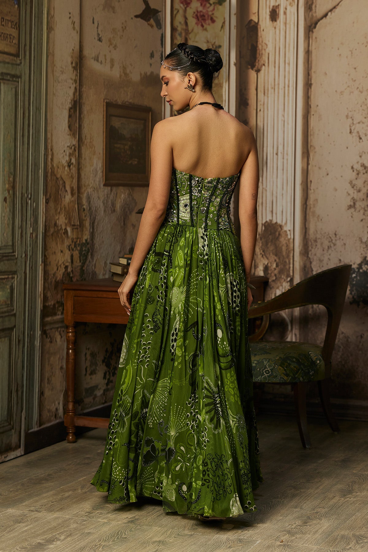 Pear Green Print And Highlighted Corset Gown