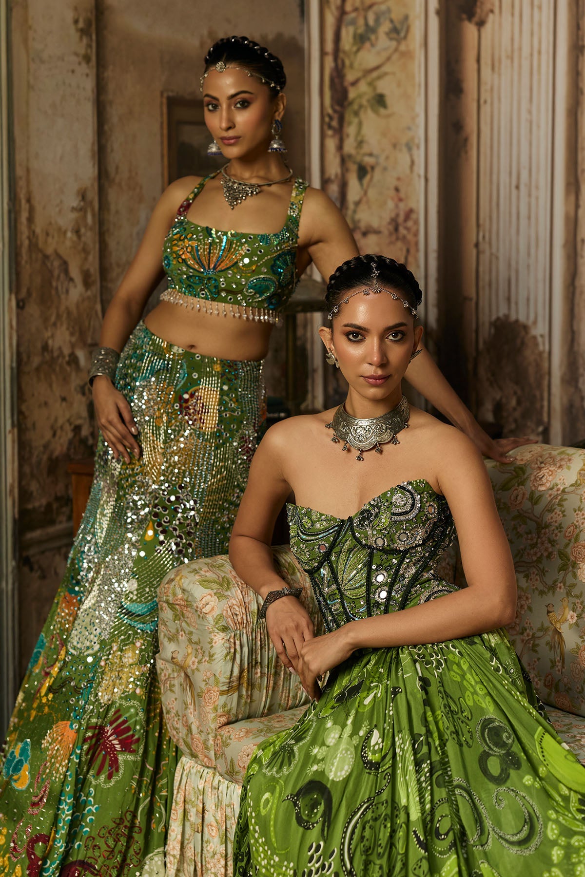Pear Green Print And Highlighted Corset Gown