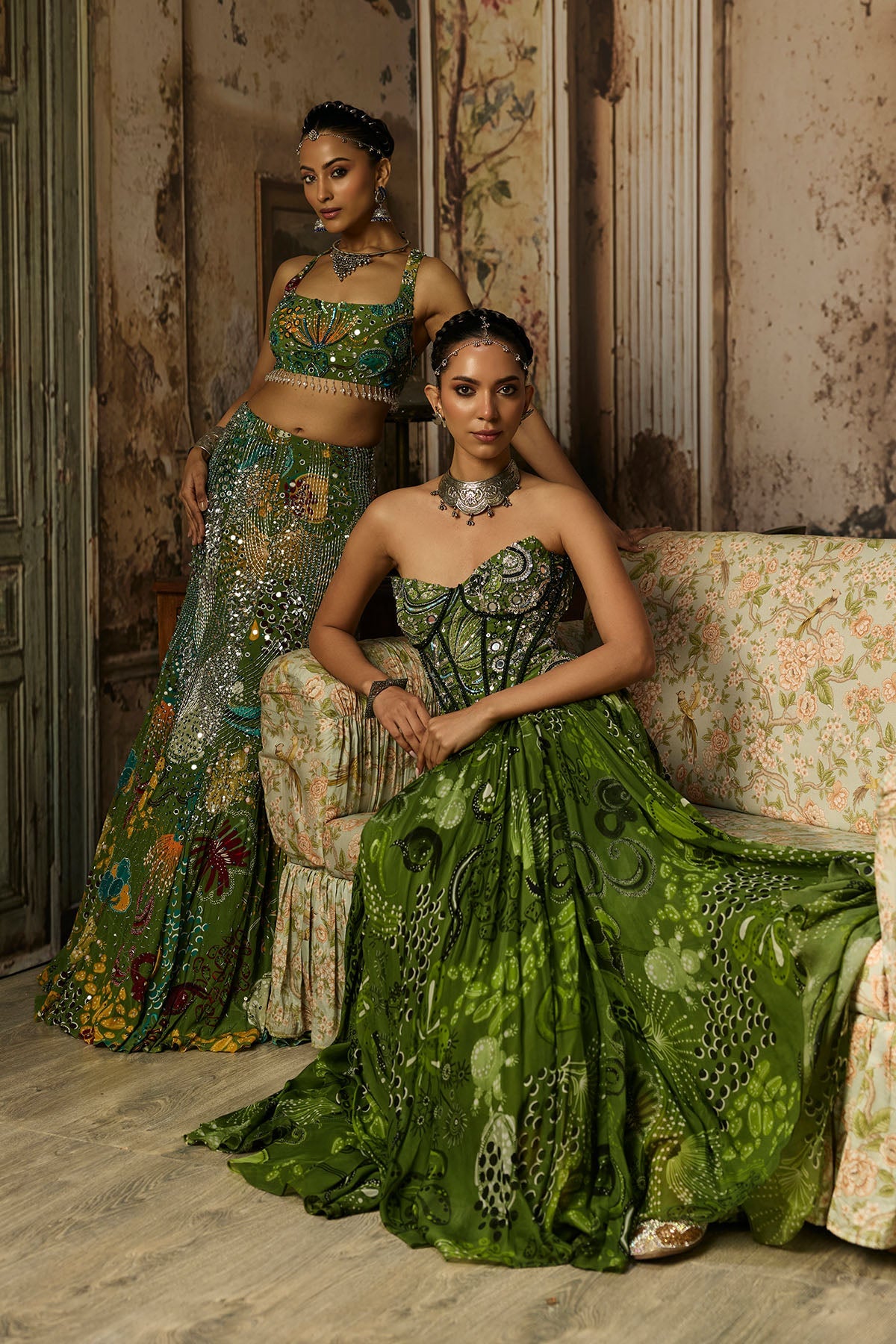 Pear Green Printed And Highlighted Mermaid Skirt Set