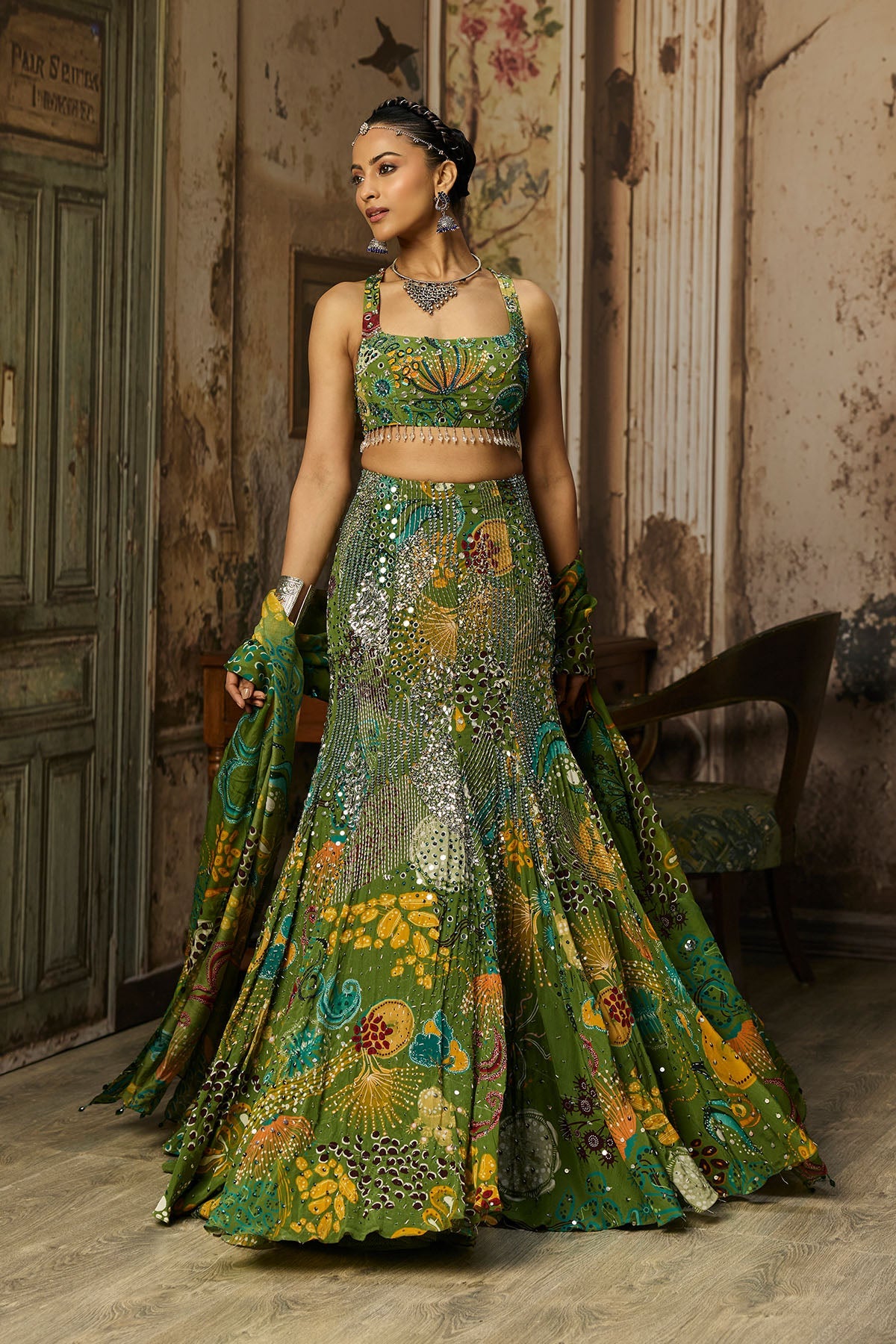 Pear Green Printed And Highlighted Mermaid Skirt Set