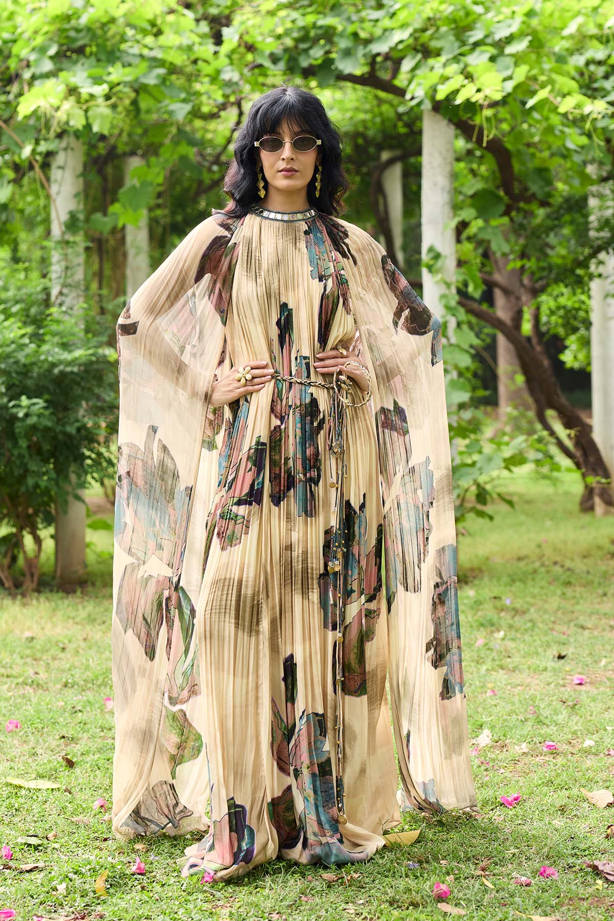 BEIGE FLORAL ROUCHED MAXI DRESS