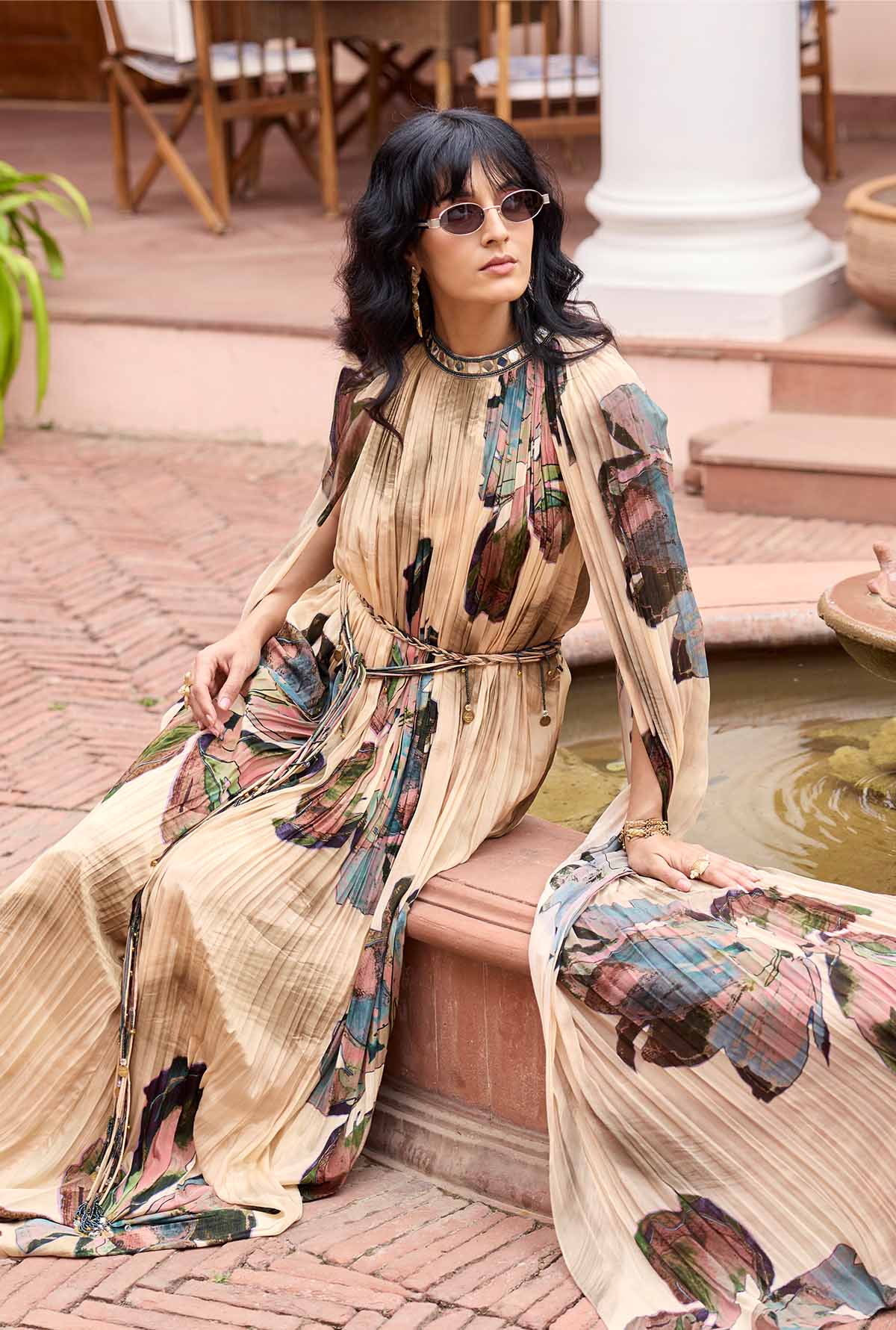 BEIGE FLORAL ROUCHED MAXI DRESS