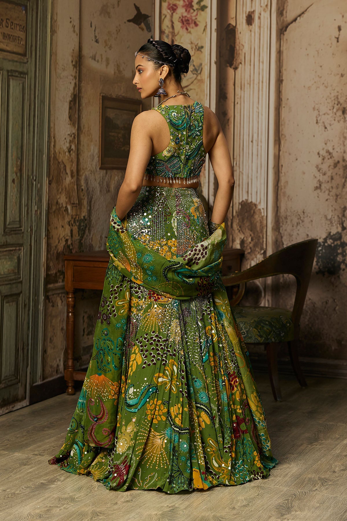 Pear Green Printed And Highlighted Mermaid Skirt Set