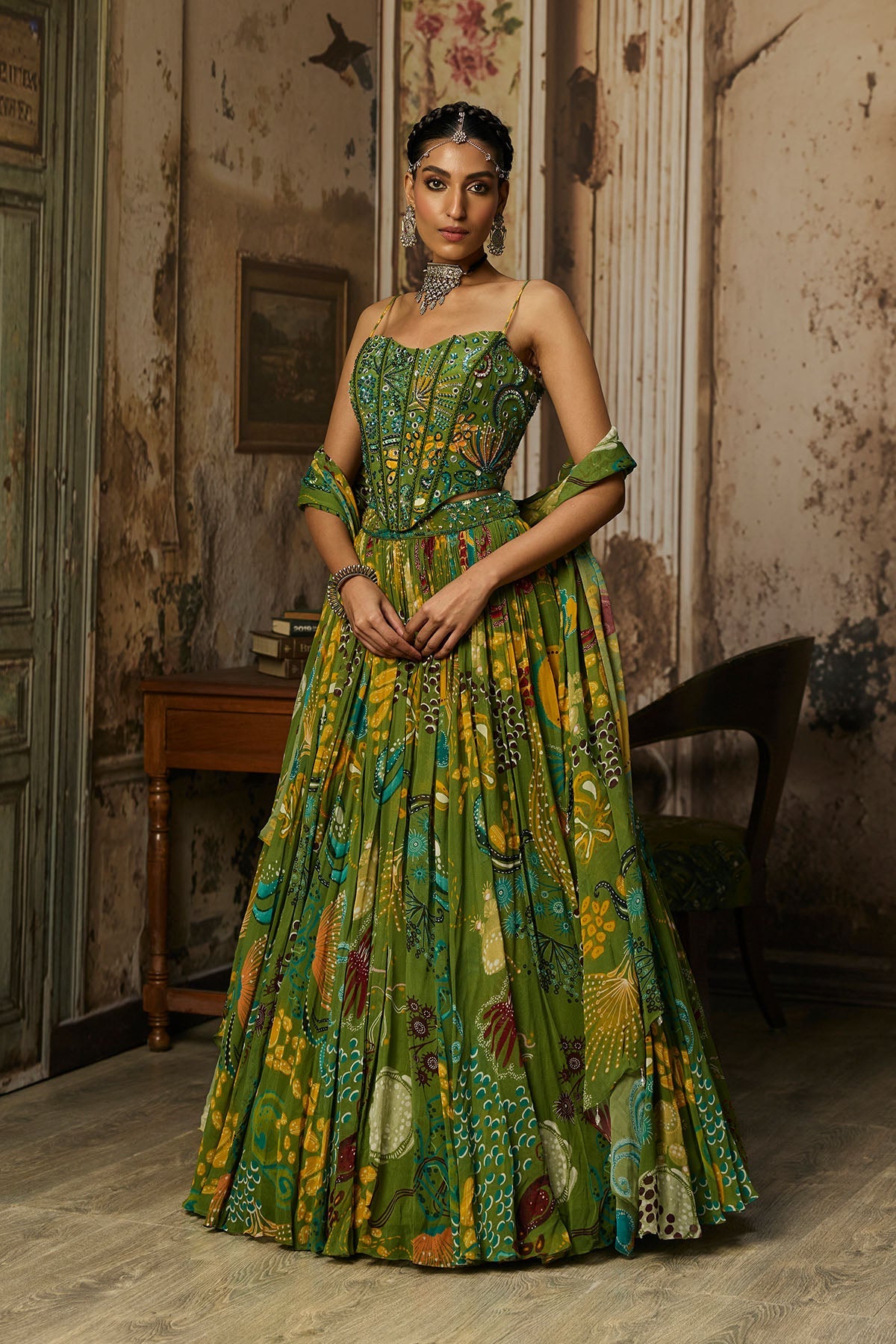 Pear Green Printed And Highlighted Corset Lehenga Set