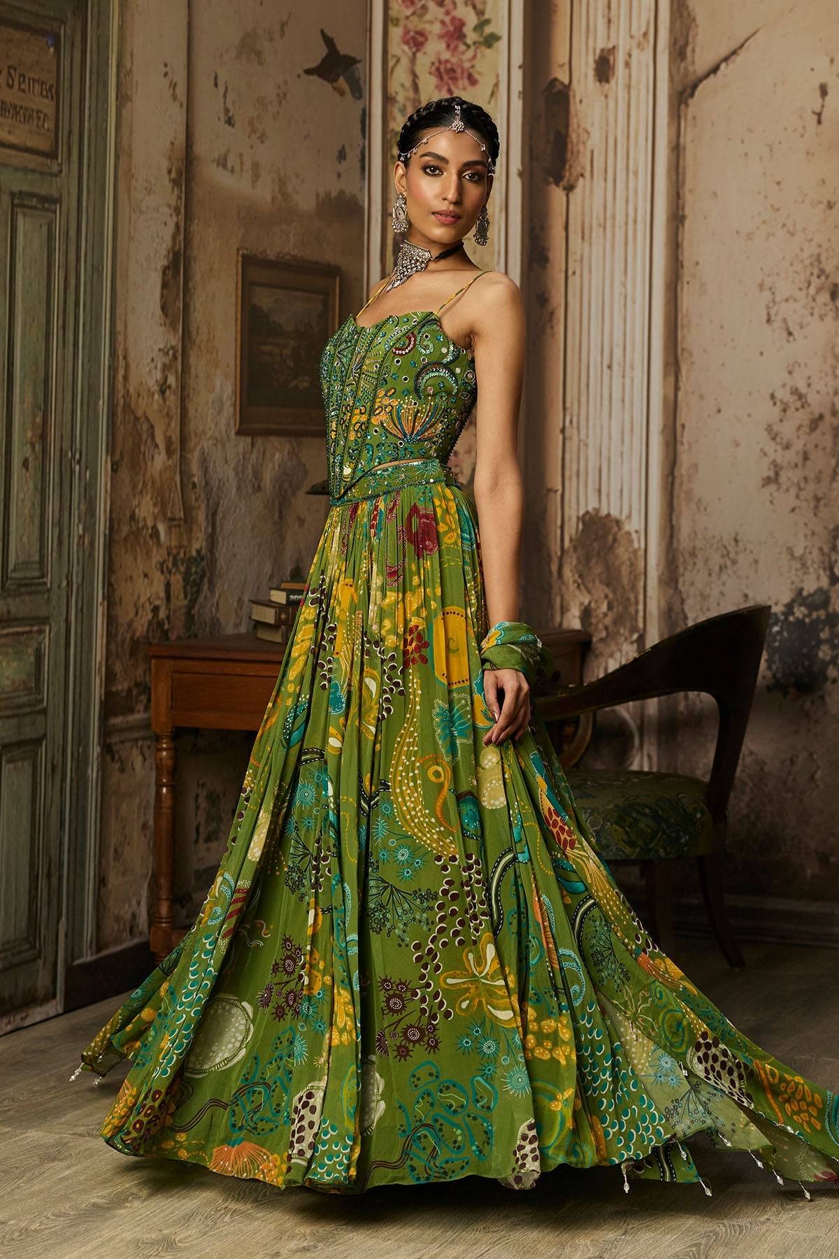 Pear Green Printed And Highlighted Corset Lehenga Set