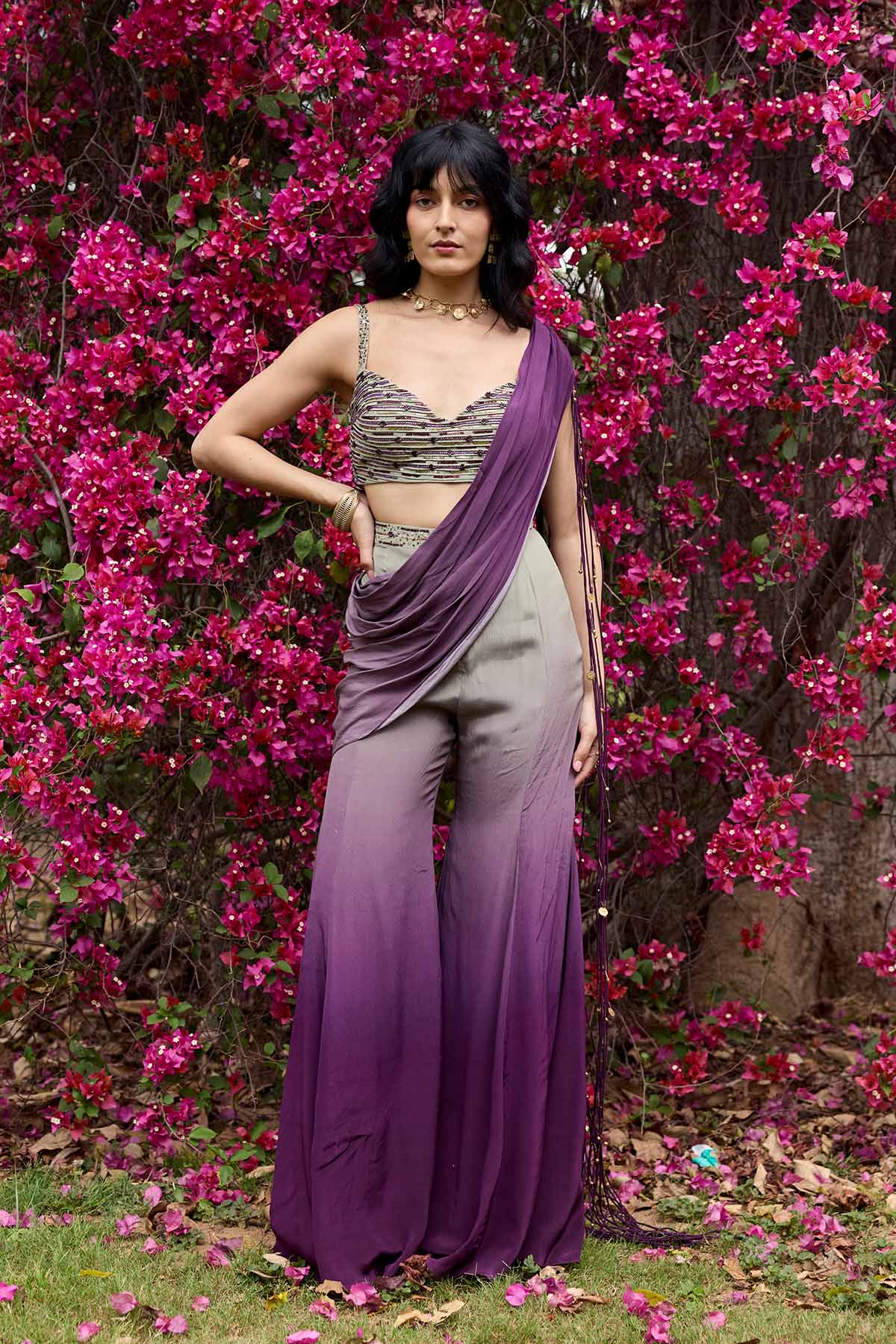 PURPLE-GREY OMBRE TASSELED DRAPE SAREE SET