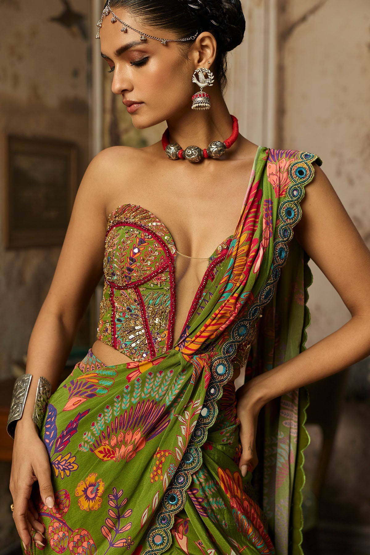 Pear Green Printed And Highlighted Dhoti Skirt Saree Set