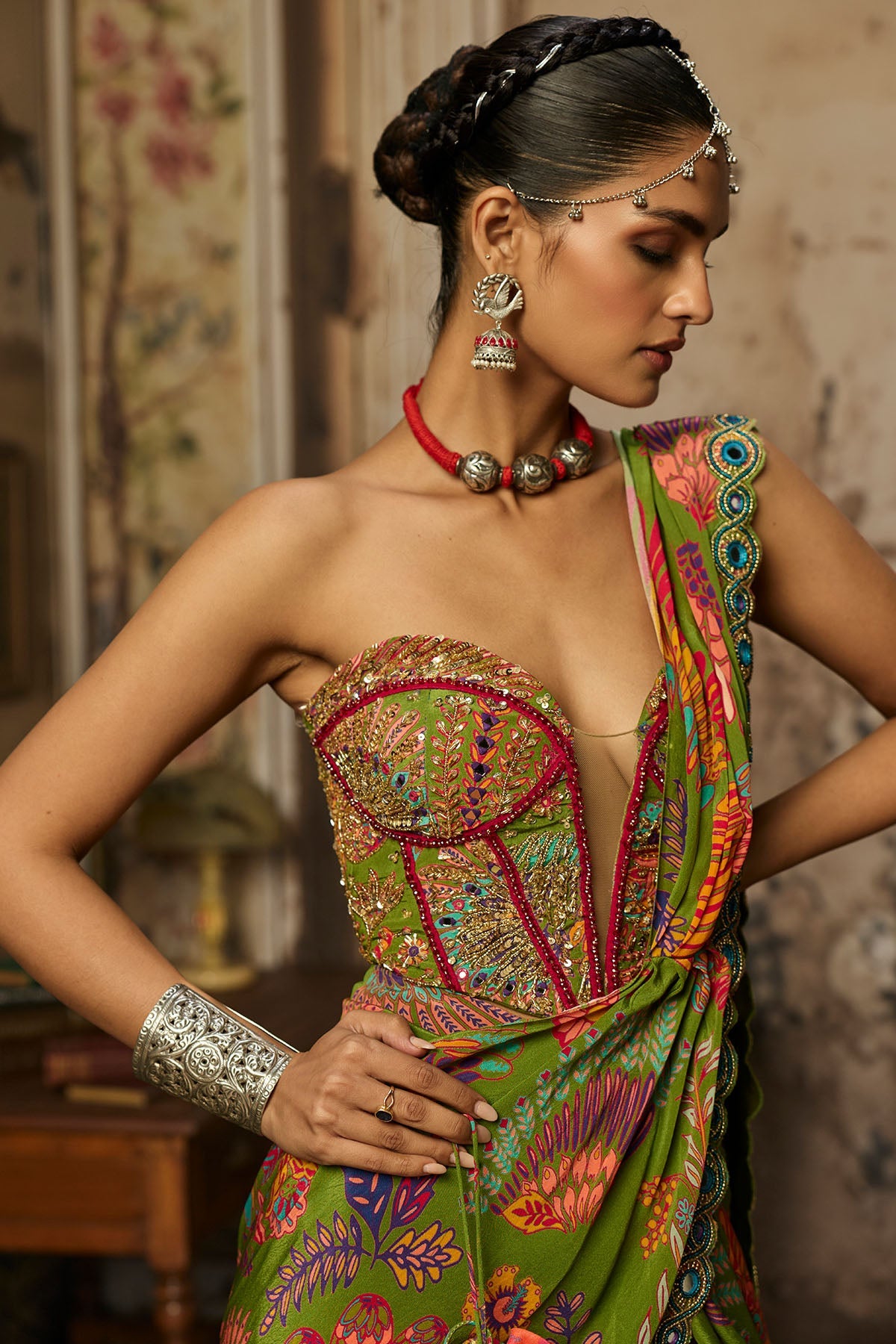 Pear Green Printed And Highlighted Dhoti Skirt Saree Set