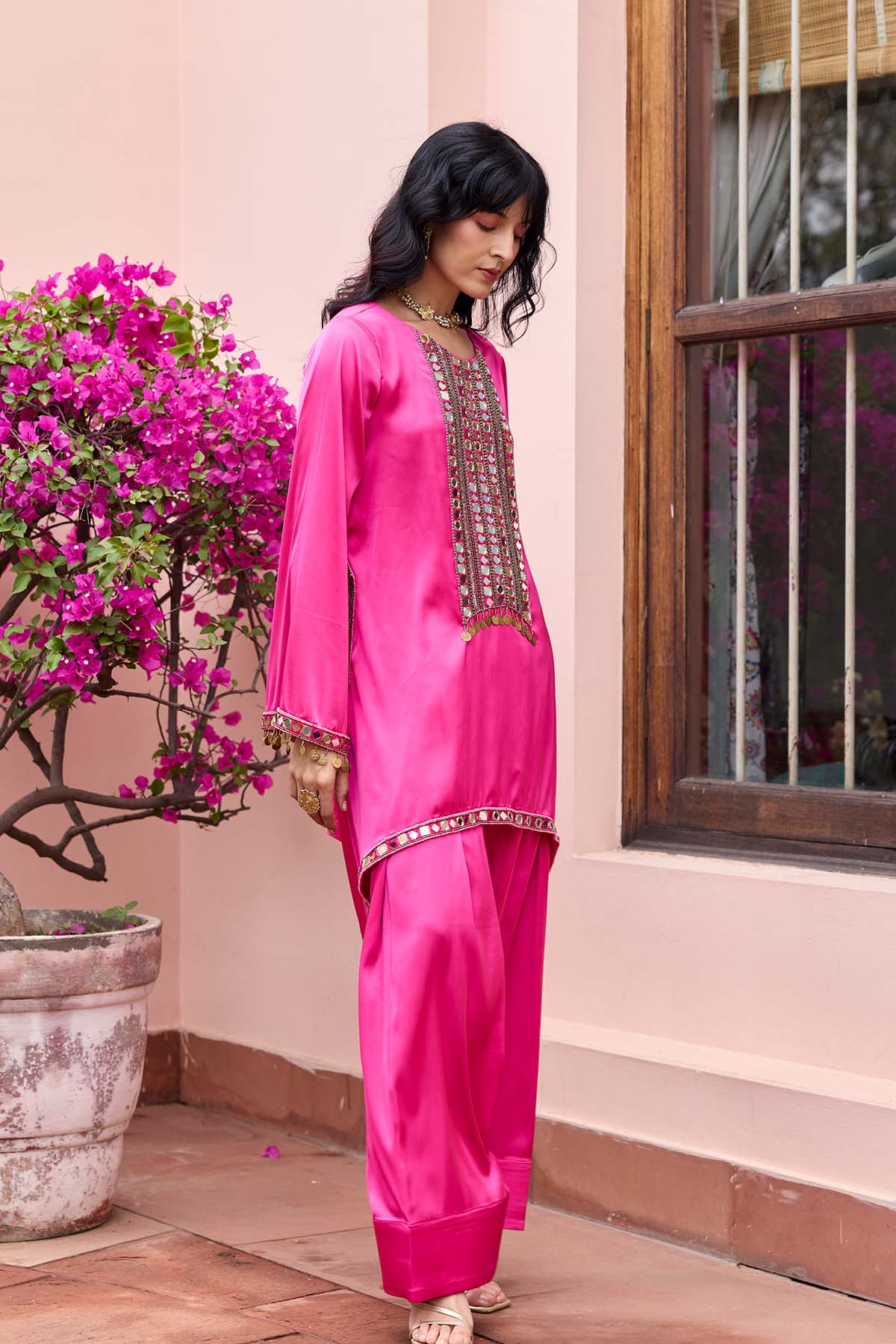 FUSCHIA PINK EMBROIDERED KURTI SET