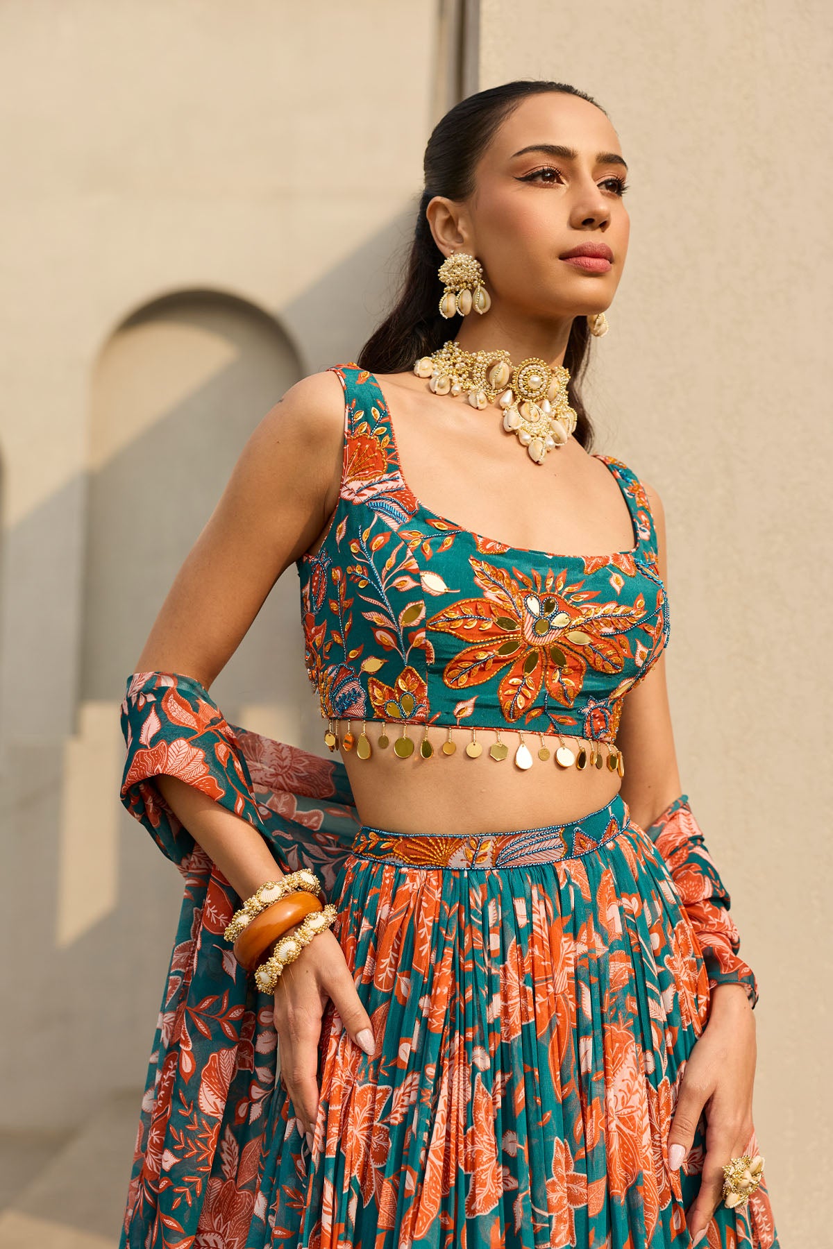 TEAL & RUST FLORAL PRINTED LEHENGA SET