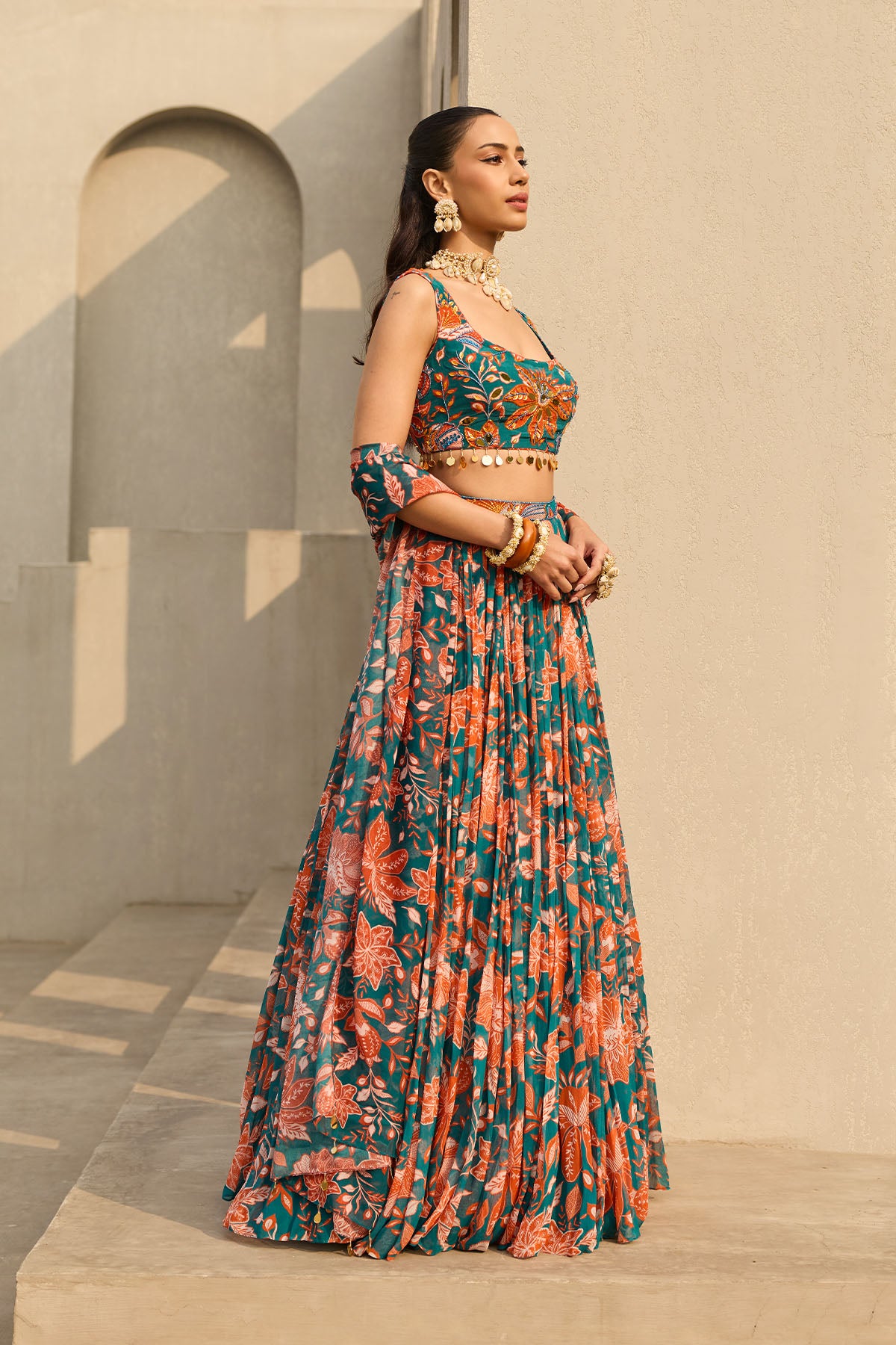 TEAL & RUST FLORAL PRINTED LEHENGA SET