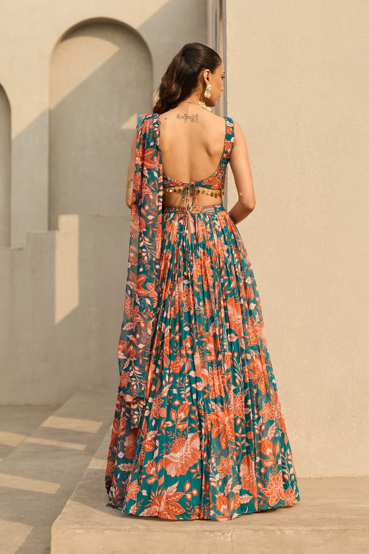 TEAL & RUST FLORAL PRINTED LEHENGA SET