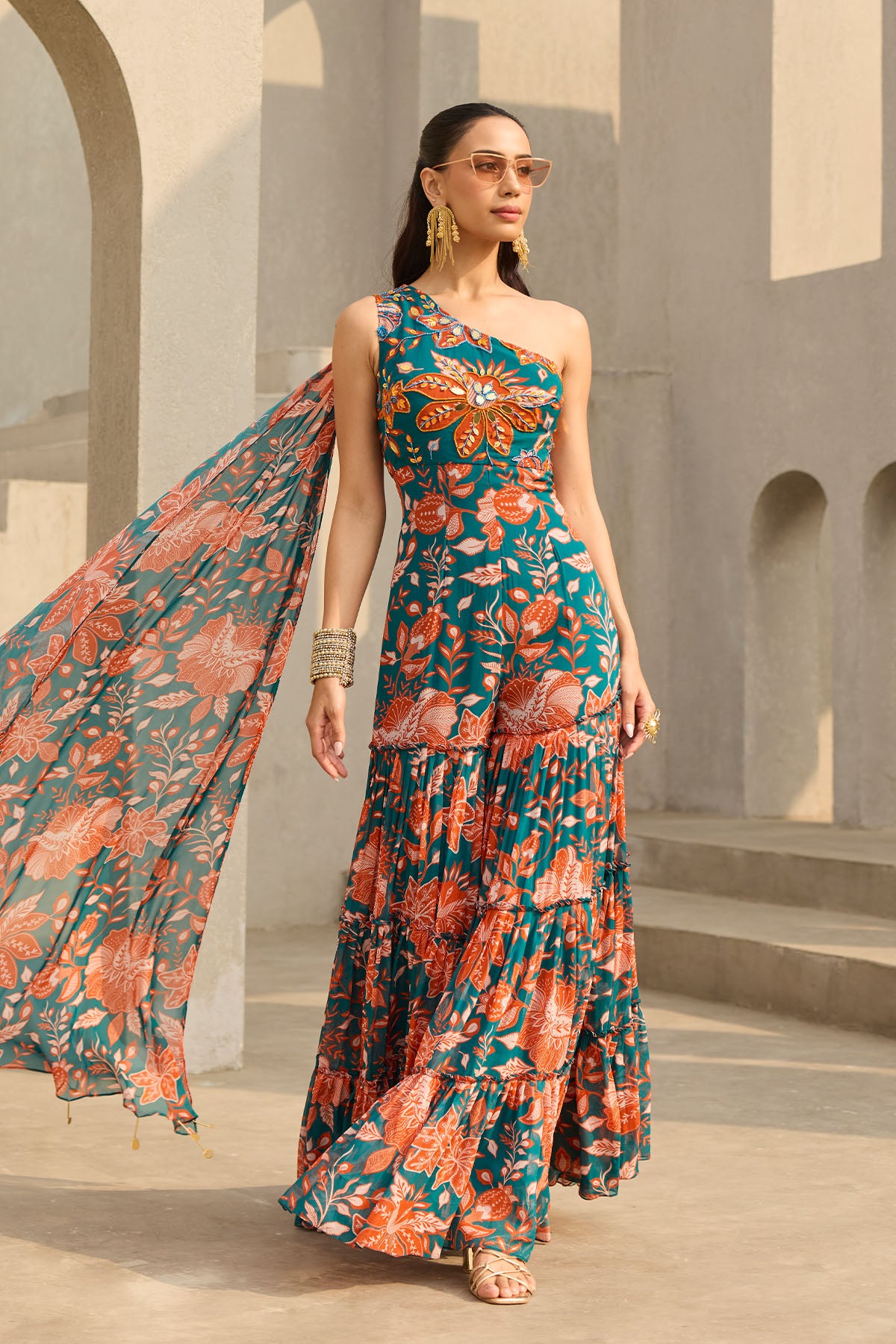 TEAL & RUST FLORAL PRINTED JUMPSUIT