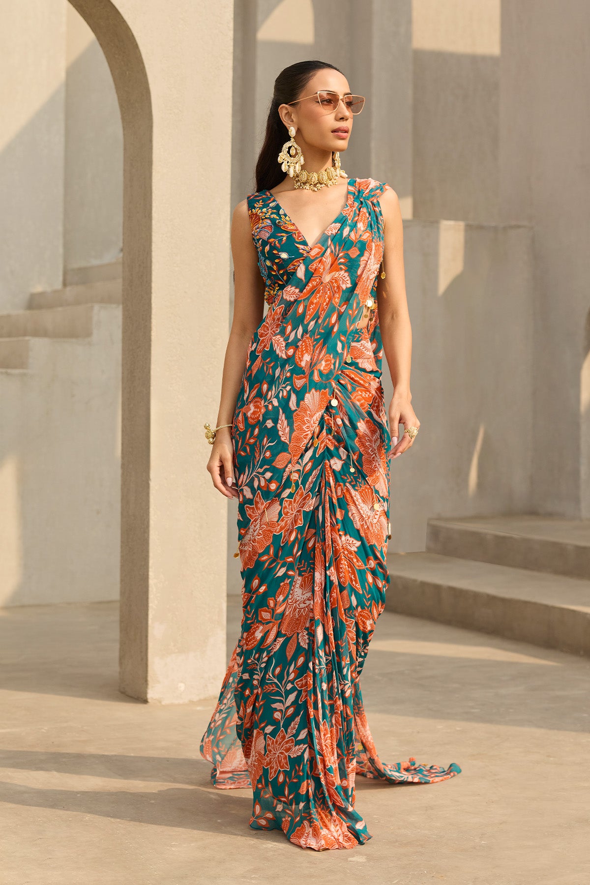 TEAL & RUST FLORAL PRINTED SAREE SET