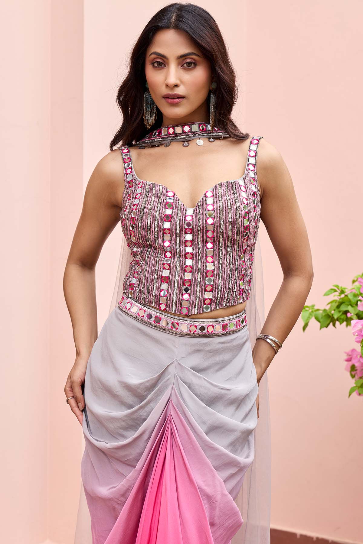 PINK-GREY OMBRE DHOTI SKIRT SET
