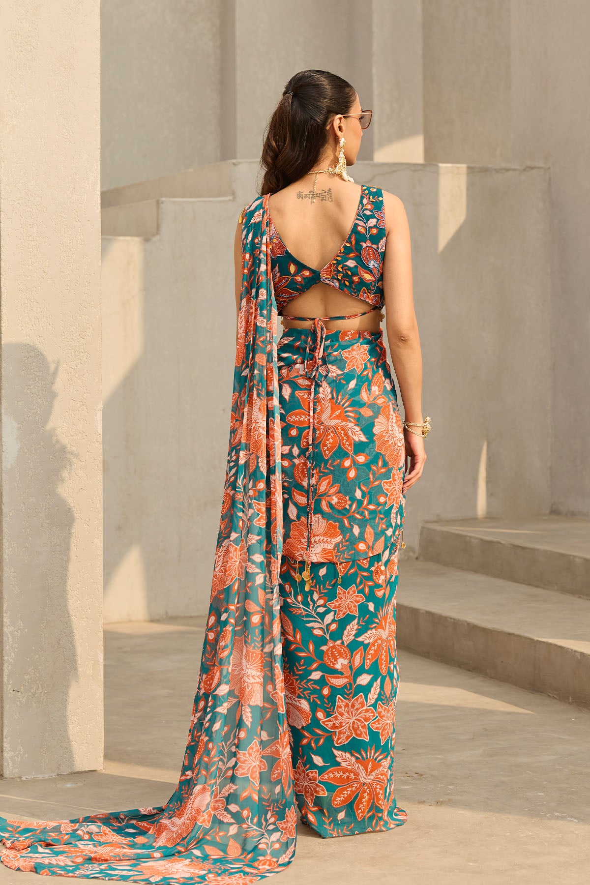 TEAL & RUST FLORAL PRINTED SAREE SET