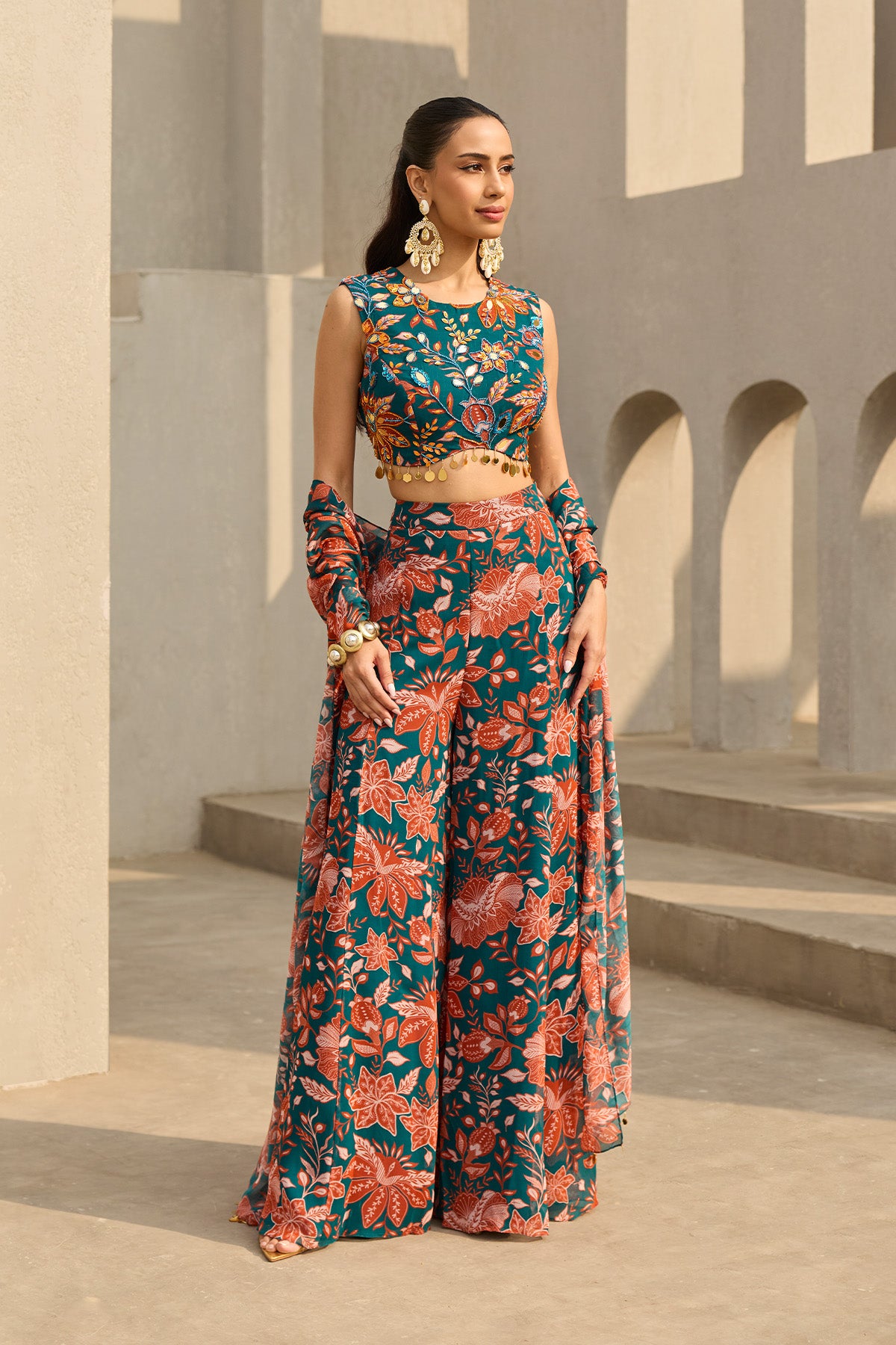 TEAL & RUST FLORAL PRINTED SHARARA SET