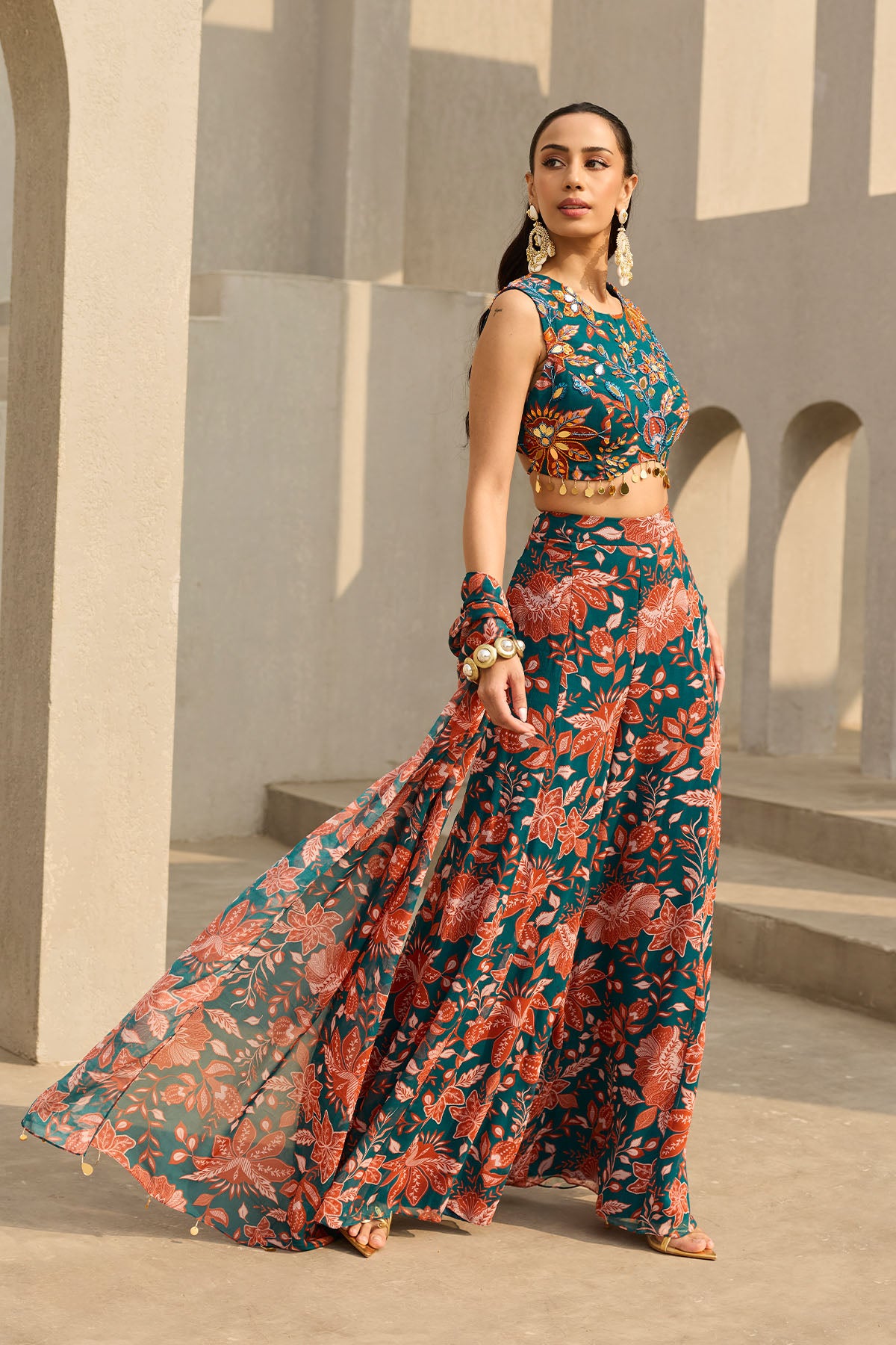 TEAL & RUST FLORAL PRINTED SHARARA SET
