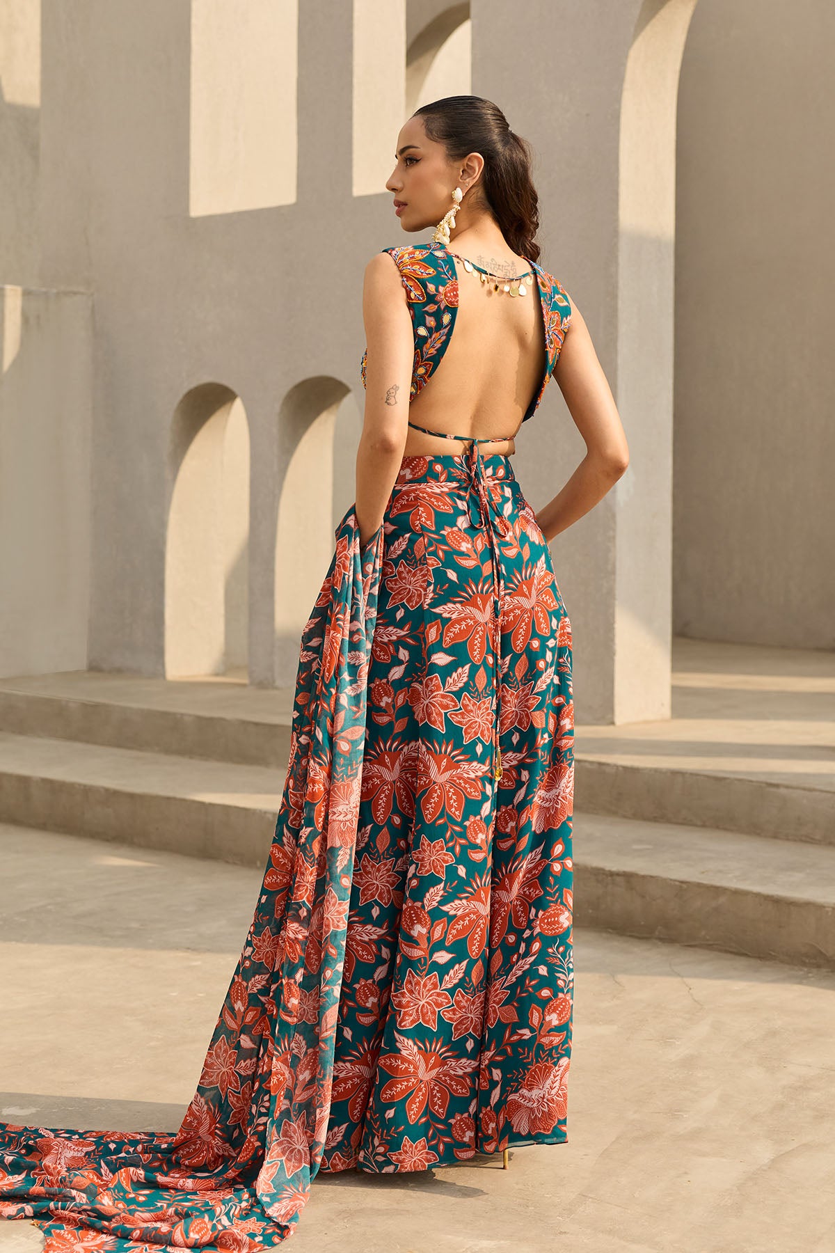 TEAL & RUST FLORAL PRINTED SHARARA SET