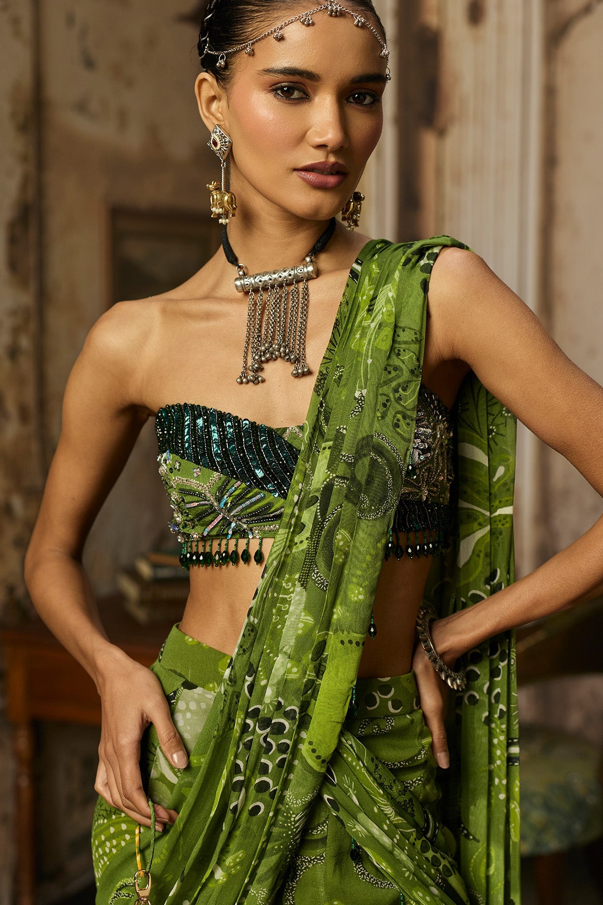 Pear Green Printed And Highlighted Pre-Draped Slit Skirt Saree Set