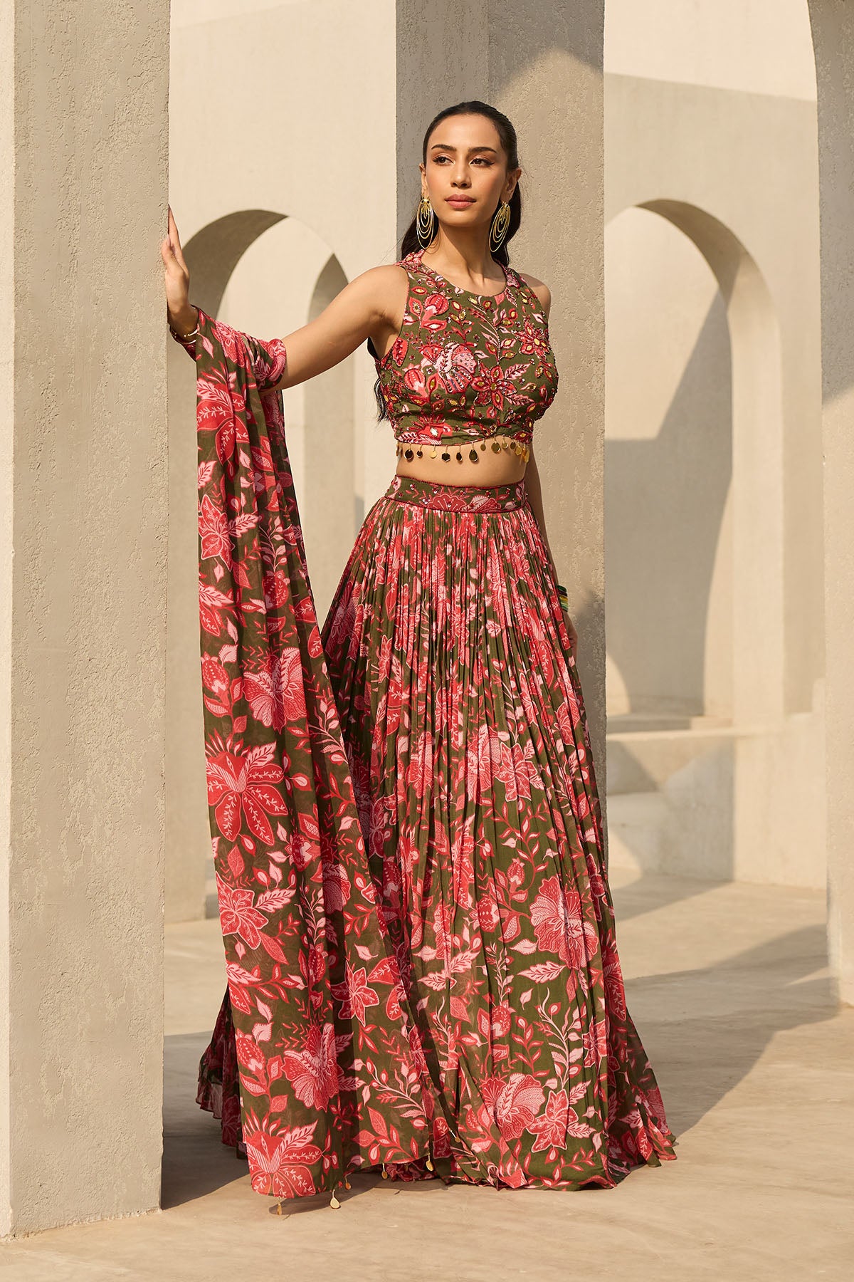 SAGE GREEN FLORAL PRINTED LEHENGA SET