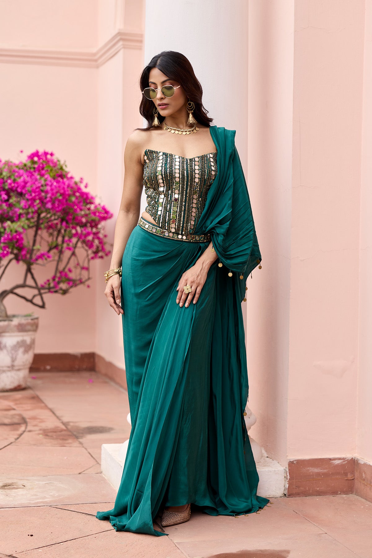 BOTTTLE GREEN EMBROIDERED CORSET SAREE SET