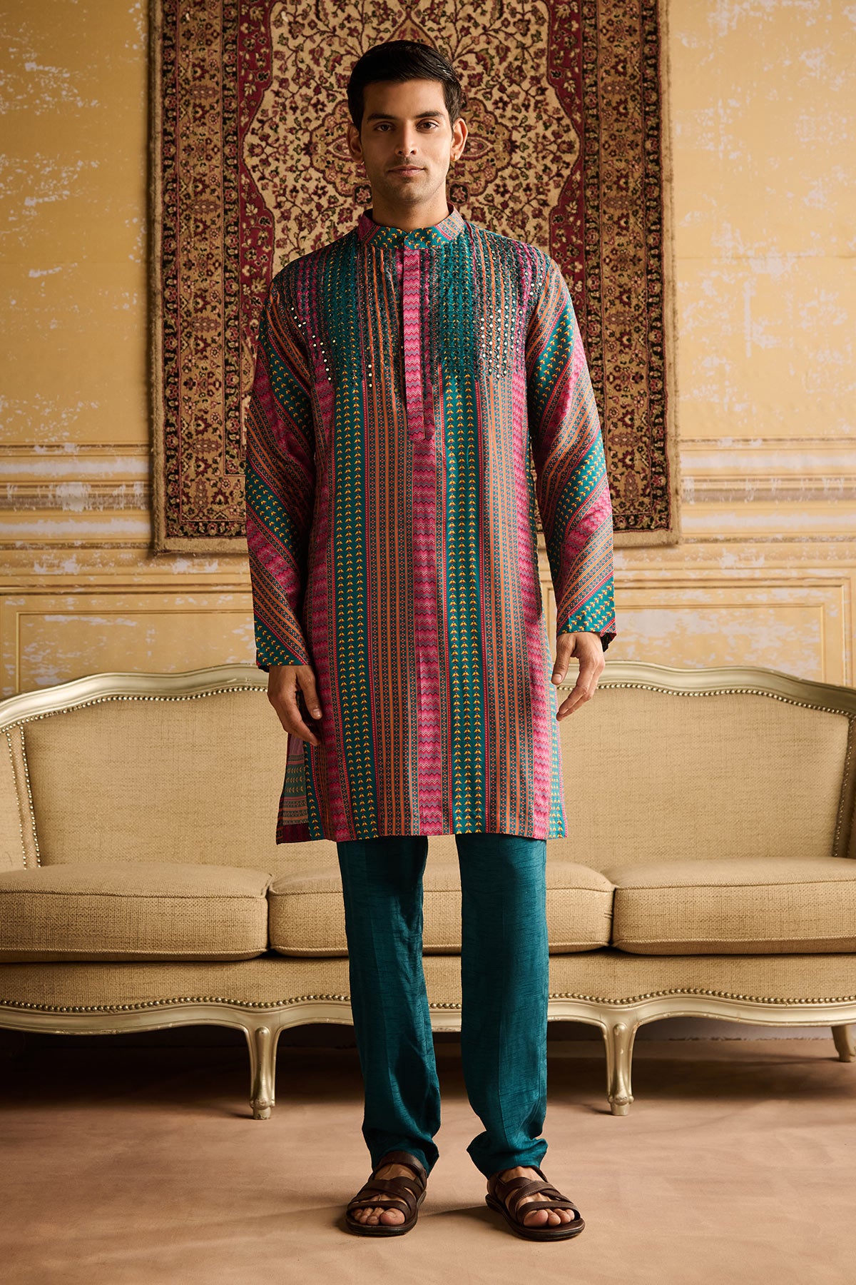 TEAL FUSCHIA STRIPE PRINT & EMBELLISHED KURTA WITH SOLID TEAL PANTS