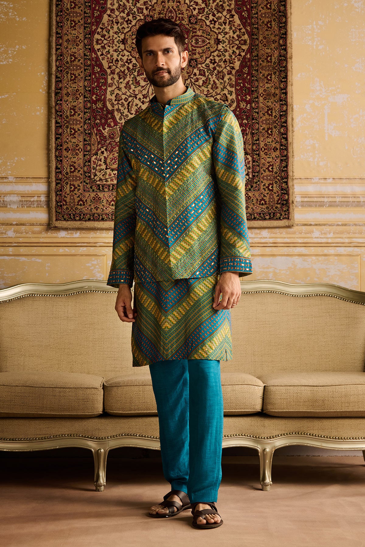 TEAL CHEVRON PRINT & EMBELLISHED KURTA AND BUNDY WITH SOLID PANTS