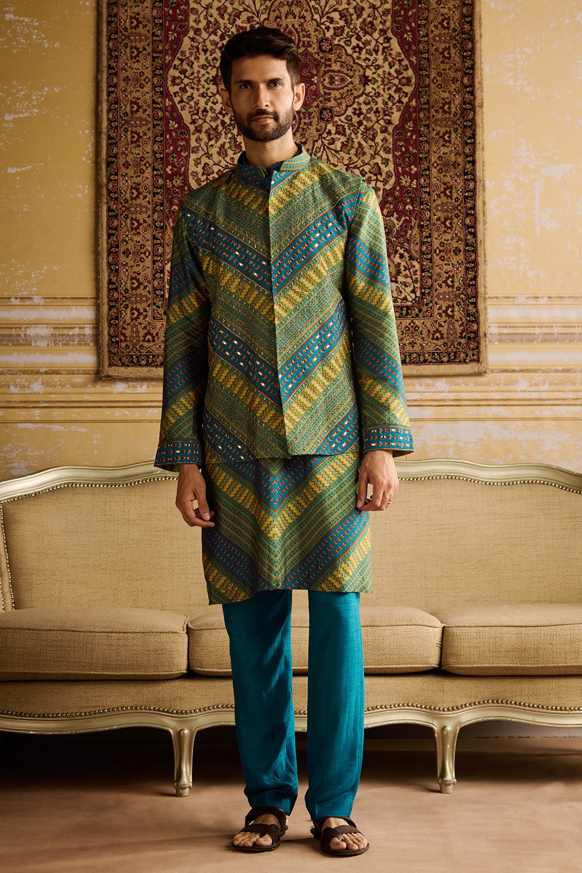 TEAL CHEVRON PRINT & EMBELLISHED KURTA AND BUNDY WITH SOLID PANTS