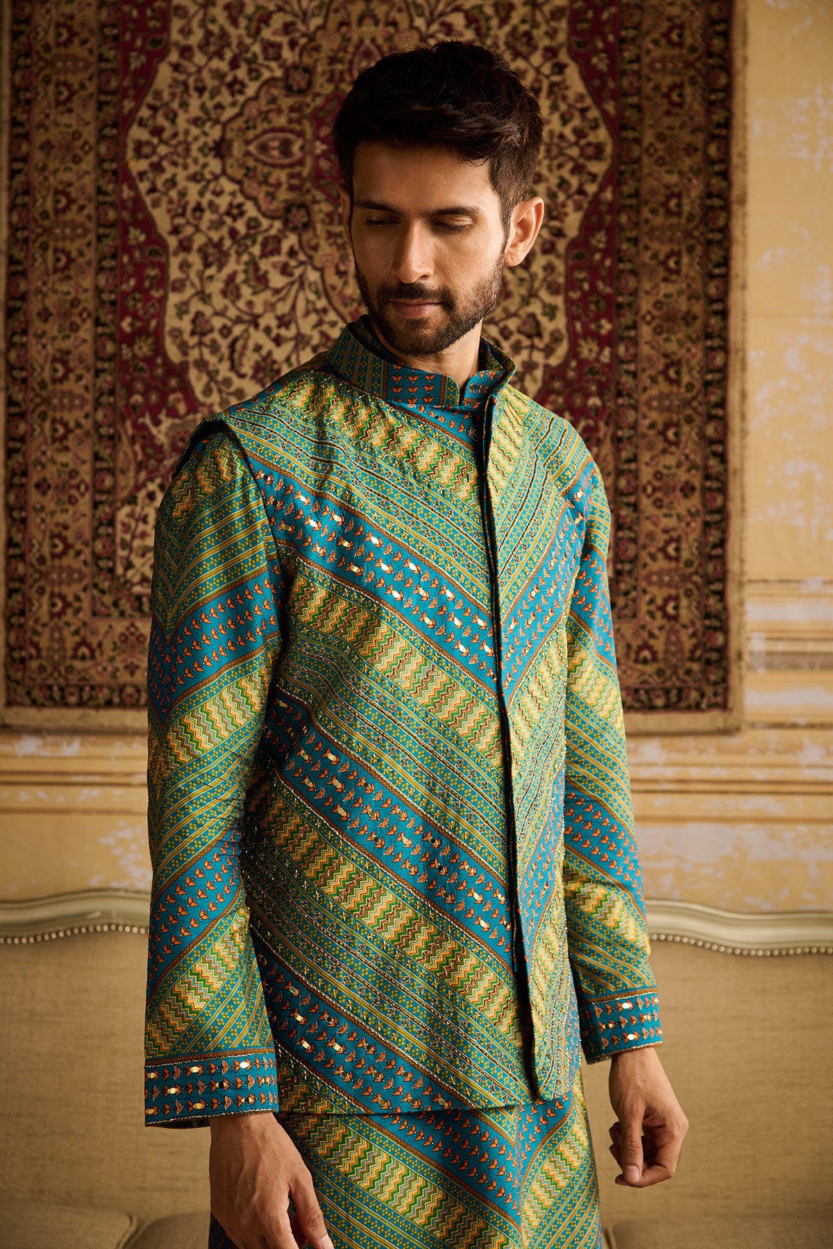 TEAL CHEVRON PRINT & EMBELLISHED KURTA AND BUNDY WITH SOLID PANTS