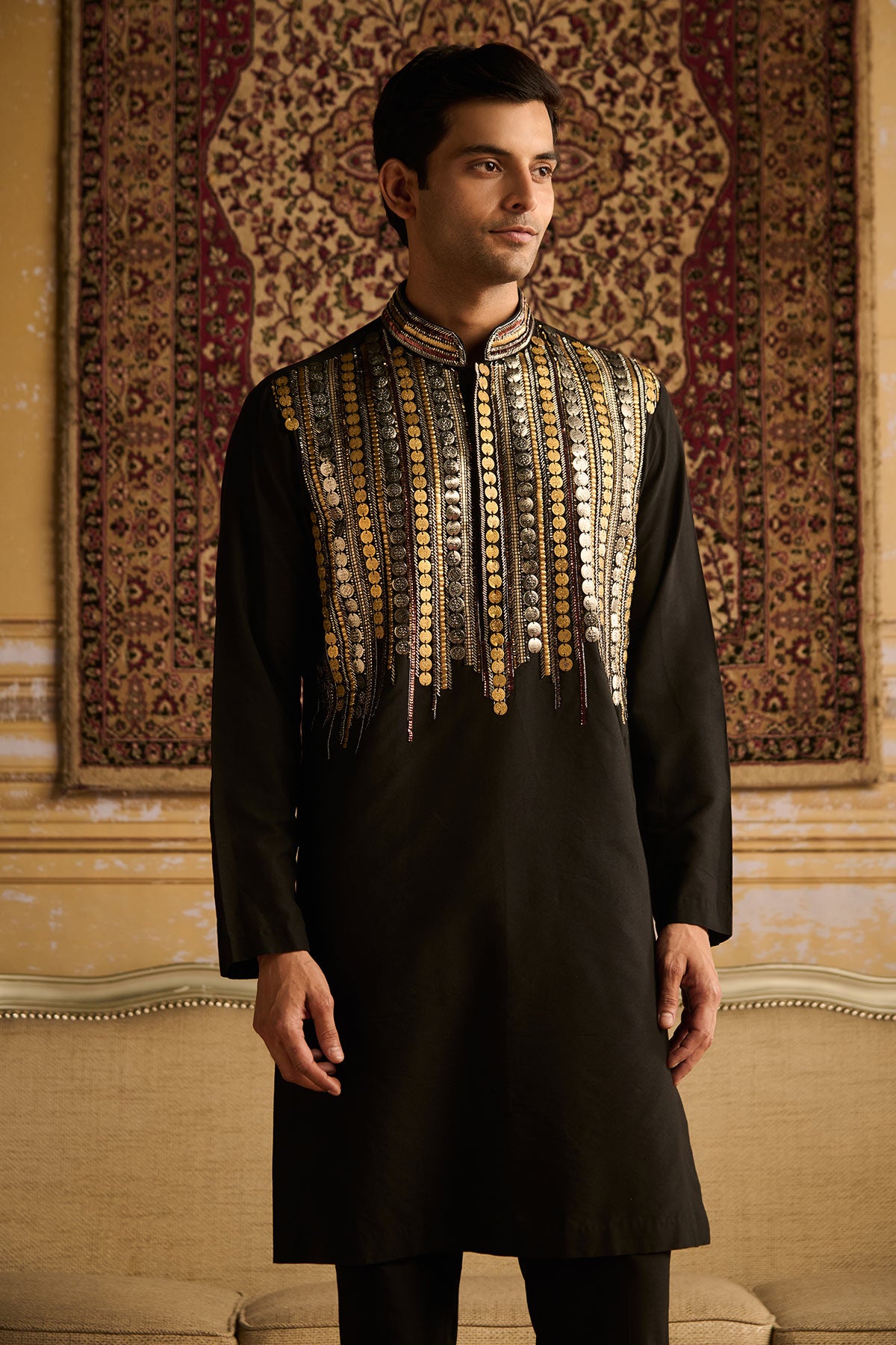 BLACK TRIBEL RUSTIC EMBROIDERED KURTA WITH BLACKPANTS