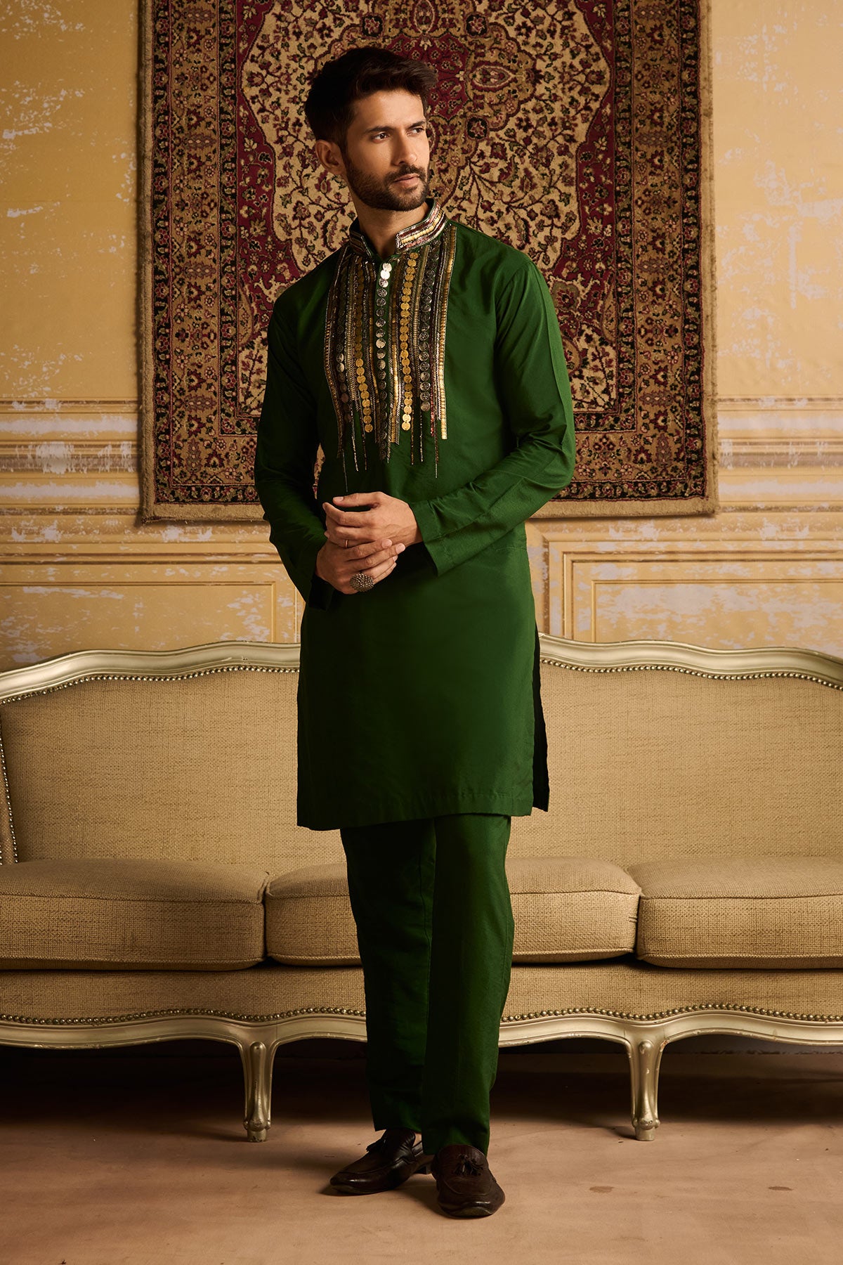 OLIVE GREEN TRIBLE RUSTIC EMBROIDERED KURTA WITH OLIVE GREEN PANTS