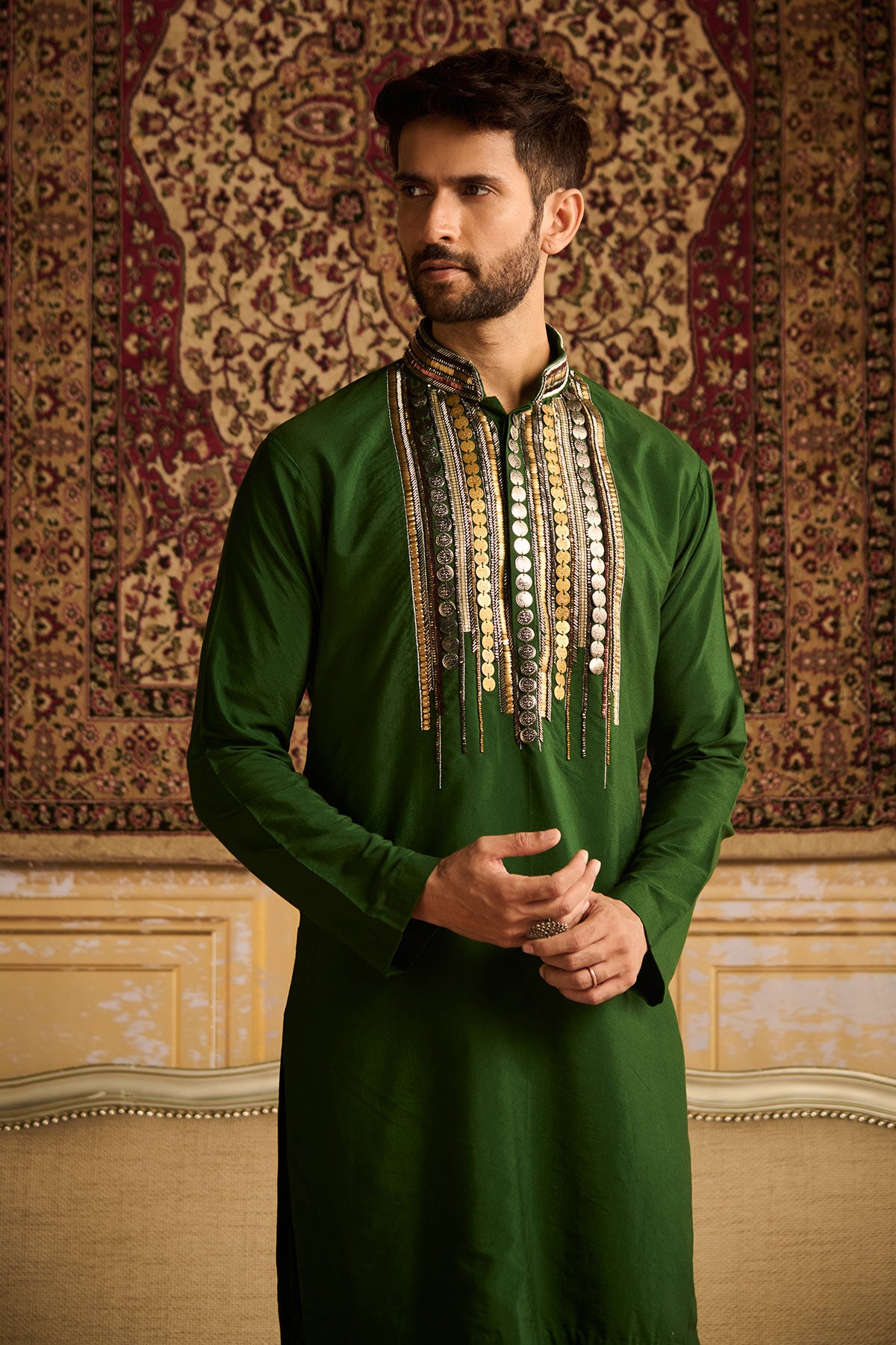 OLIVE GREEN TRIBLE RUSTIC EMBROIDERED KURTA WITH OLIVE GREEN PANTS