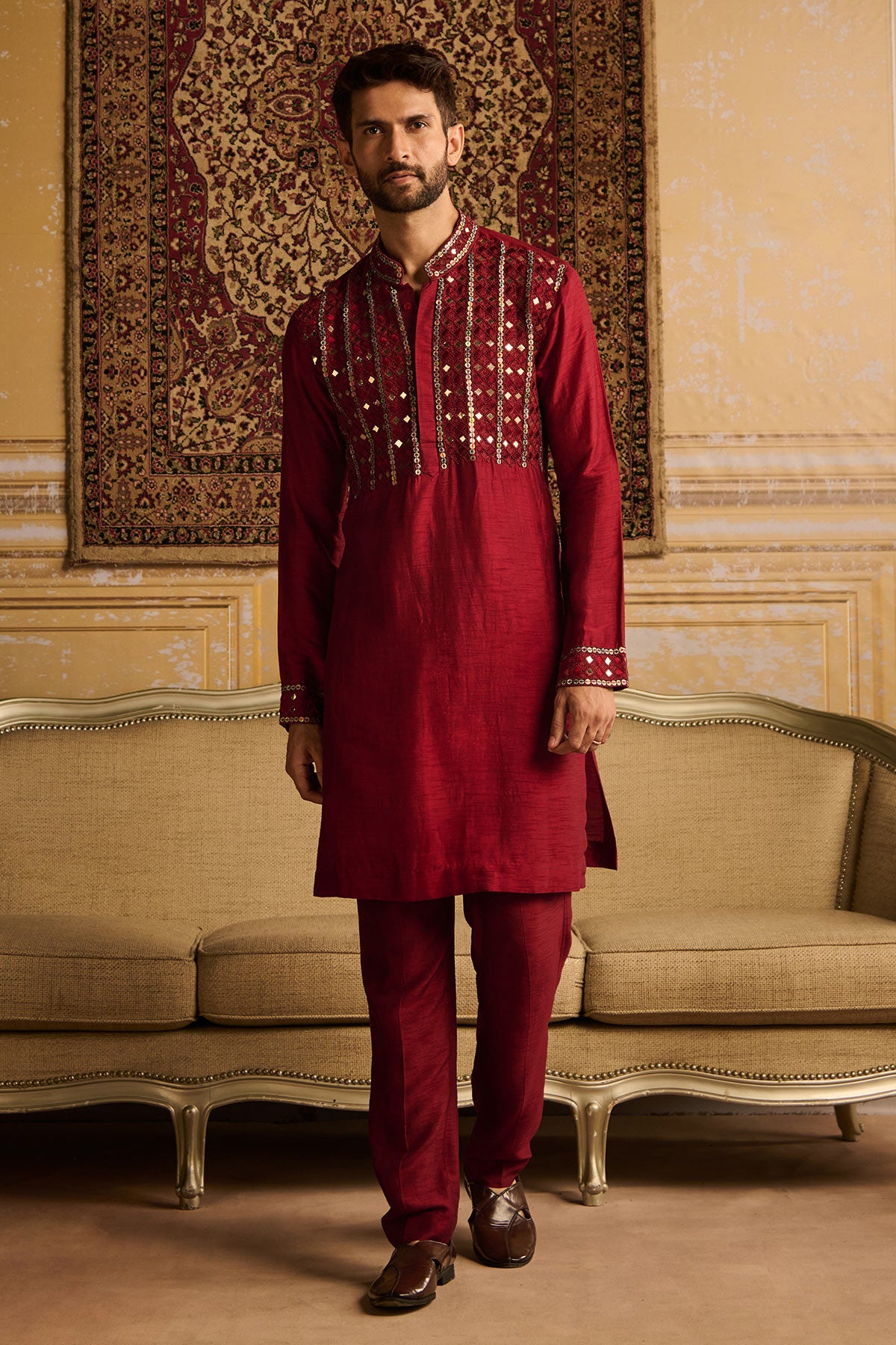 MAROON MIRROR EMBROIDERED KURTA WITH MAROON PANTS