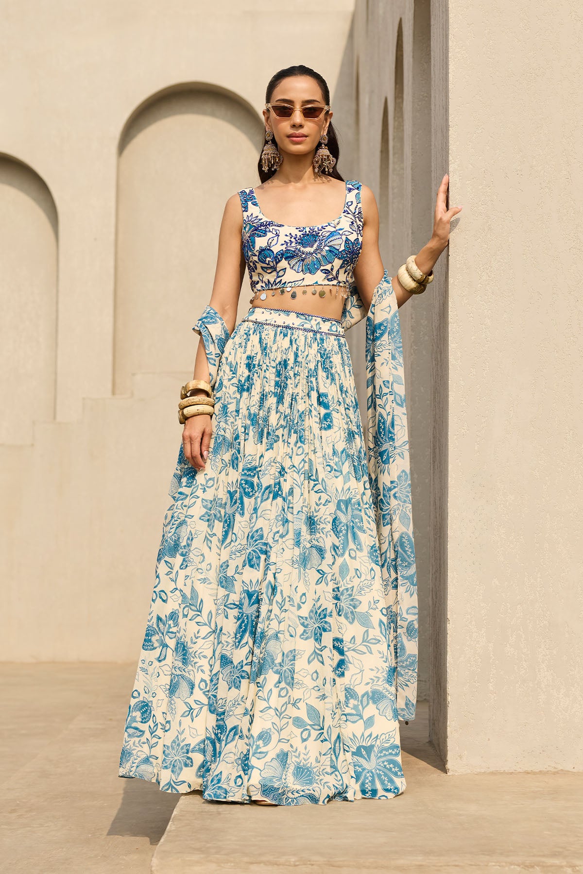 IVORY & BLUE FLORAL PRINTED LEHENGA SET